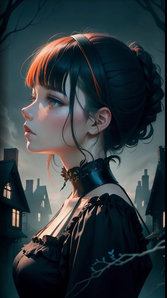a colorful digital artwork of a woman's head and branches, short bangs in front hairstyle, in the style of haunting houses, graceful surrealism, depictions of urban life, dark sky-blue and orange, portraitures with hidden meanings, caricature-like illustrations, metropolis meets nature --ar 69:128 --s 750 --niji 5