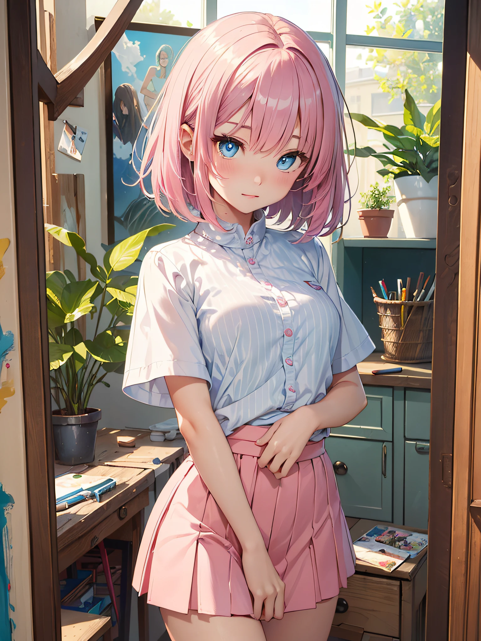 (masterpiece), (top-quality), Top quality ultra-detailed CG art、Upper body naked、(pupils on:1.2)Pink head、Glossy hair、smooth hair、large blue eyes,Mid summer、Delicate body、cheerful girl、Tying hair、、bob cuts、vertical stripes、Art Room、Painting、student clothes、shortsleeves、a miniskirt、