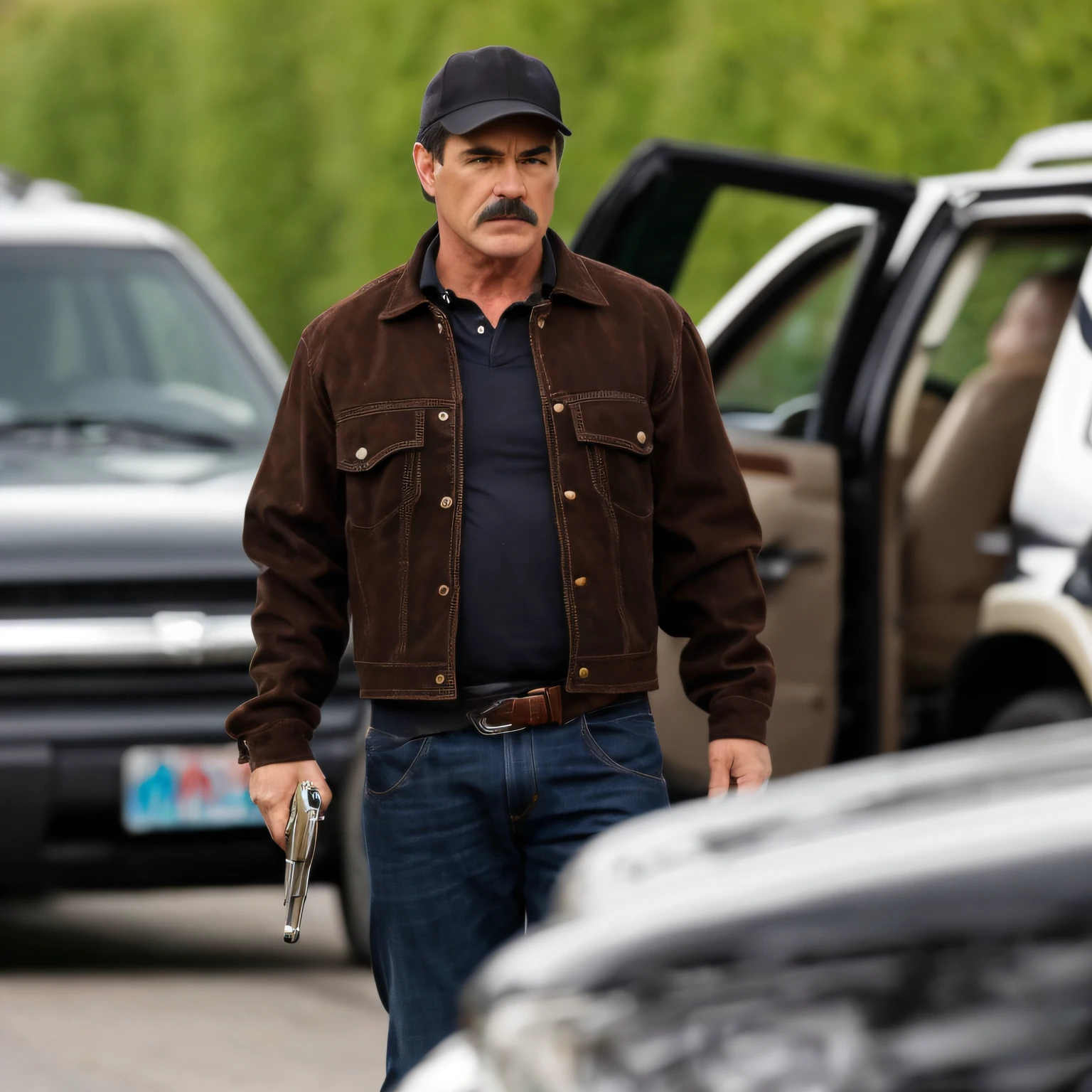 AraFFe man in a brown jacket and chAPéu walking down a street, A24, Tx, Josh Brolin, oFicial, QG, Filmado do Filme, bonito, Nbc, verdadeiro detetive, 👰 🏇 ❌ 🍃, Bigode mexicano, F / 1, photograph credit: AP, Fargo, fullbody of standing tom selleck, Tarantino, Eddie, Burt Reynolds