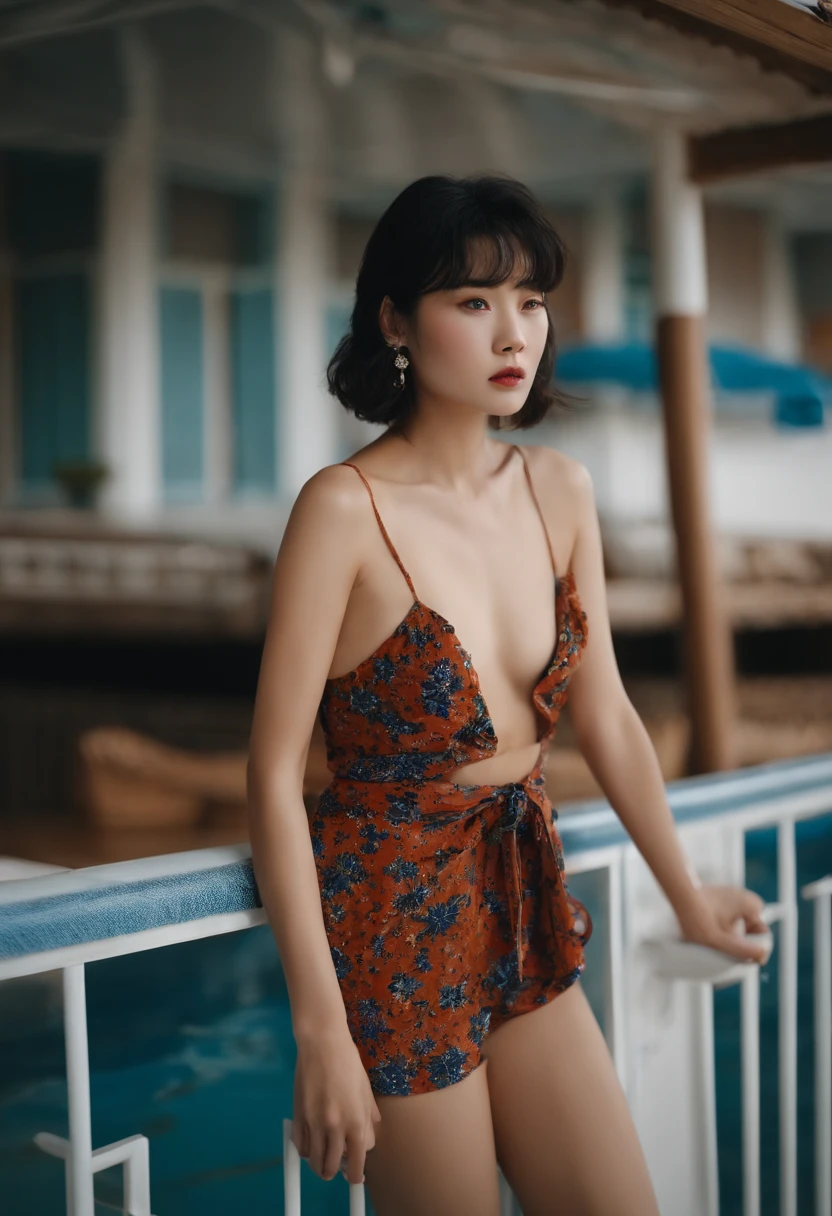 swim wears、a small face、A dark-haired、japanes、short-cut