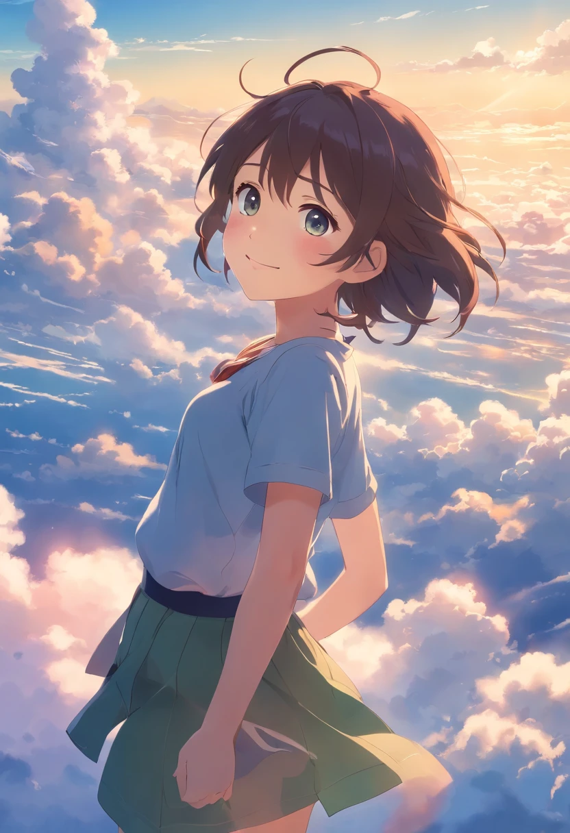 Makoto Shinkai Above the clouds A girl Beautiful and gentle girl Clear sky Three-dimensional clouds Girl smile Beautiful light