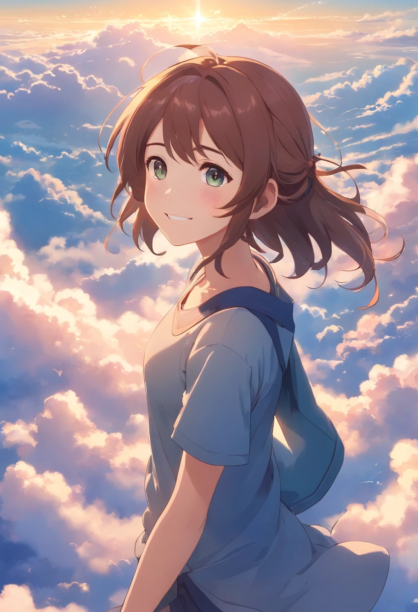 Makoto Shinkai Above the clouds A girl Beautiful and gentle girl Clear sky Three-dimensional clouds Girl smile Beautiful light