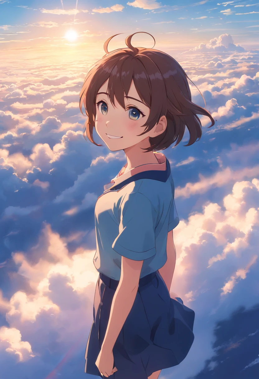 Makoto Shinkai Above the clouds A girl Beautiful and gentle girl Clear sky Three-dimensional clouds Girl smile Beautiful light