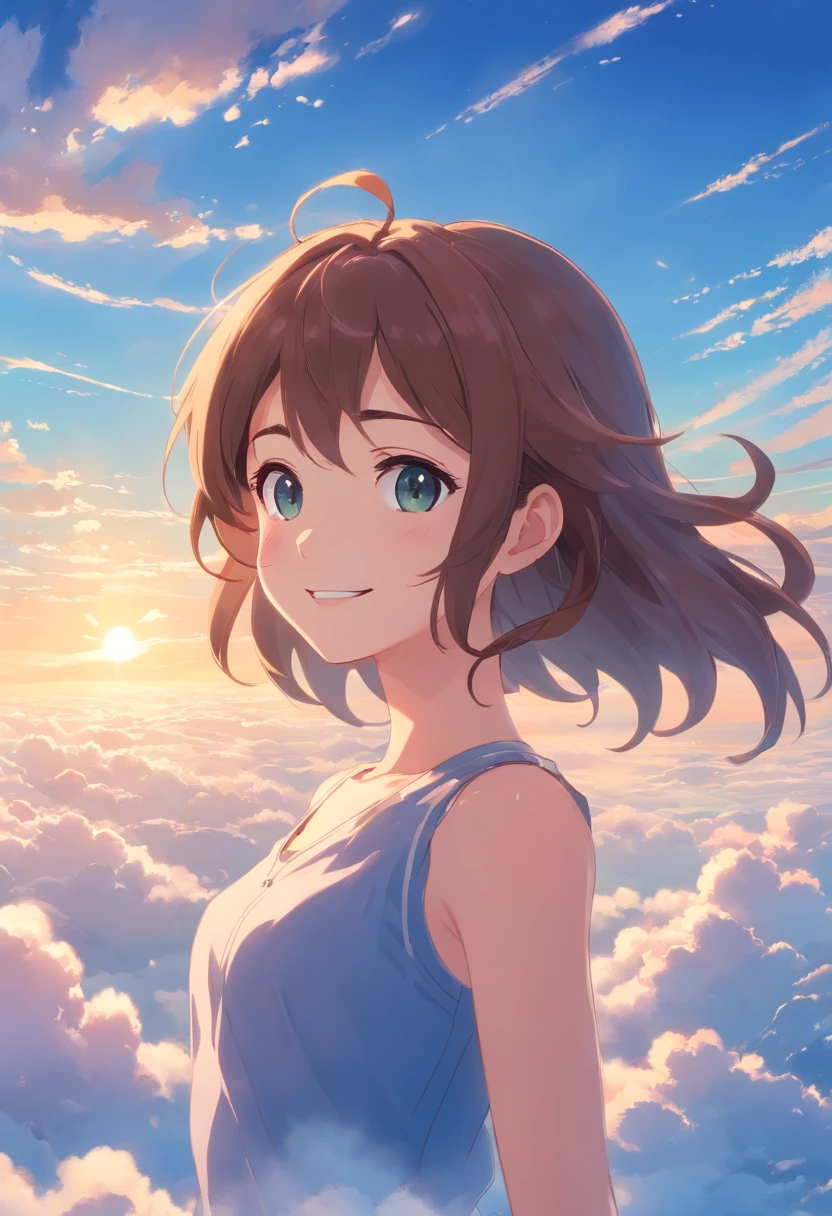 Makoto Shinkai Above the clouds A girl Beautiful and gentle girl Clear sky Three-dimensional clouds Girl smile Beautiful light