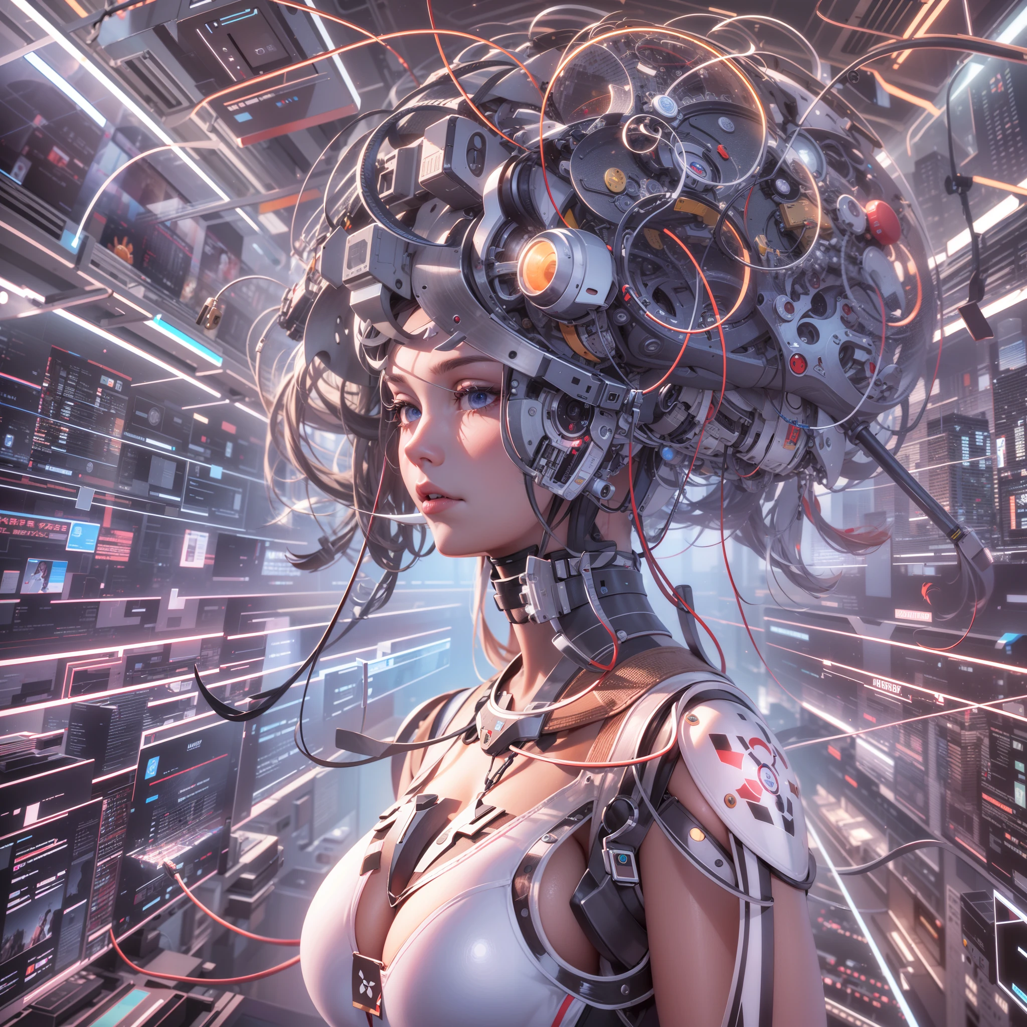 A new step for humanity, a machine that connects the brain and virtual space, the Metaverse, high image quality, high quality, innovative and comical artwork, realistic, the largest artwork of this century