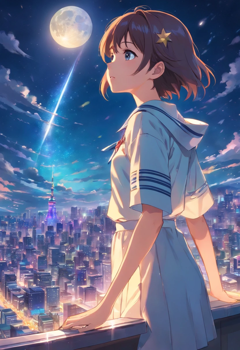 Star chips, MOON, dream, far away, Blossoming maiden, sad, a sailor suit,naked Female Student Uniforms, Strong soft focus, watercolor style, Blue moon, The view looking up, look up to, a hologram, Lots of light particles, The city of Tokyo, tokyo scenery