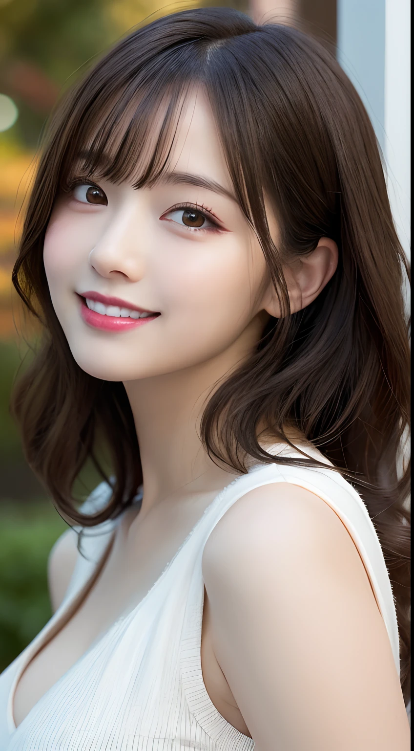 masutepiece, Best Quality, Illustration, Ultra-detailed, finely detail, hight resolution, 8K Wallpaper, Perfect dynamic composition, Beautiful detailed eyes, Women's Fashion🍂,Medium wavy hair,small tits、Natural Color Lip, Bold sexy poses,Smile,Harajuku、20 years girl、Cute、Sexy shot looking at camera