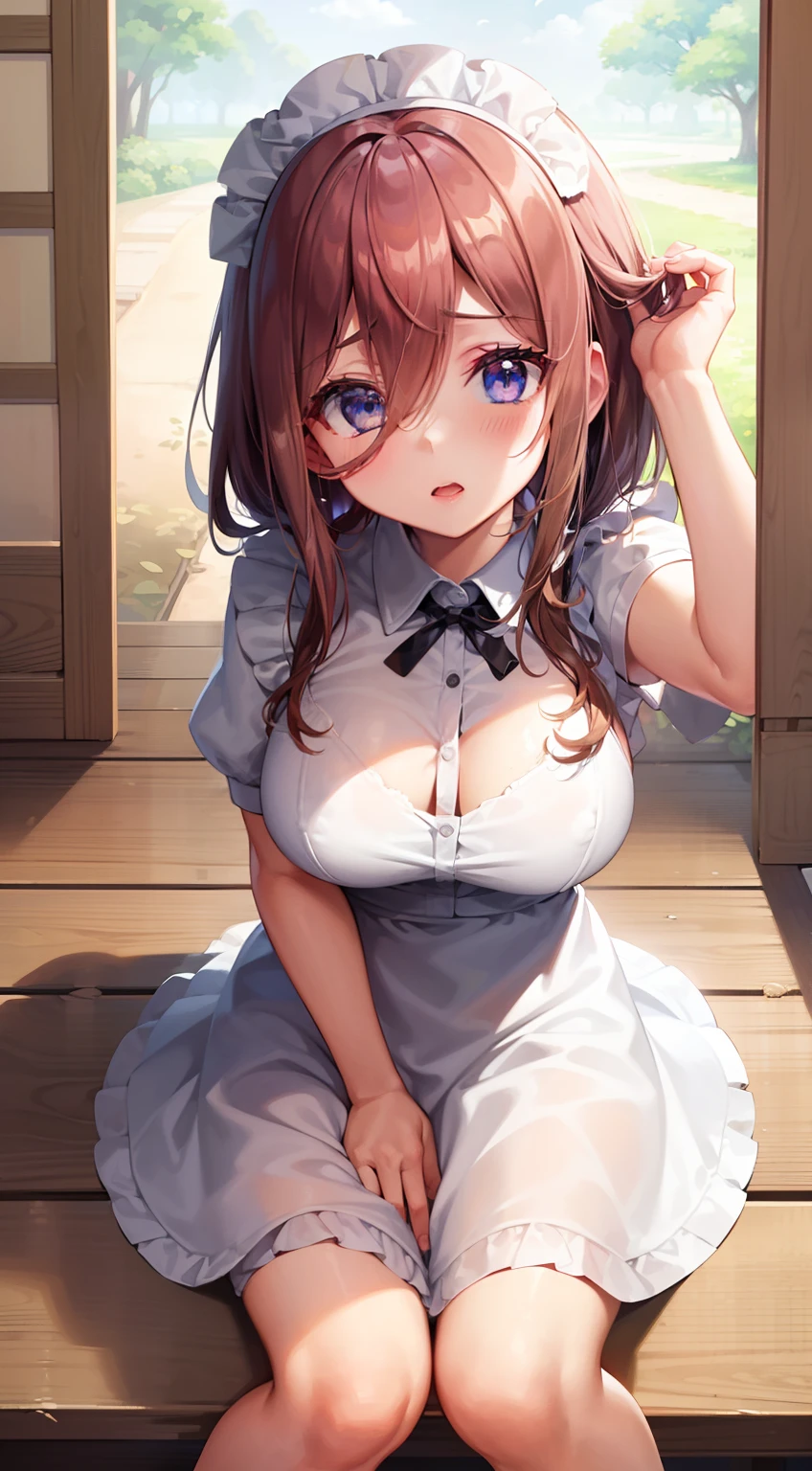 (a closeup、Maid's clothes、top-quality、high detailing、rich skin detail、nffsw)、Watch everywhere、obedience、very Bigger breasts、oppressive、brown haired、blushed、big butts、Raising arms、Spread your legs apart、During squats、Mouth open、 Aside、hairarmpits、Large Thigh、condoms、Torn clothing、 are visible、