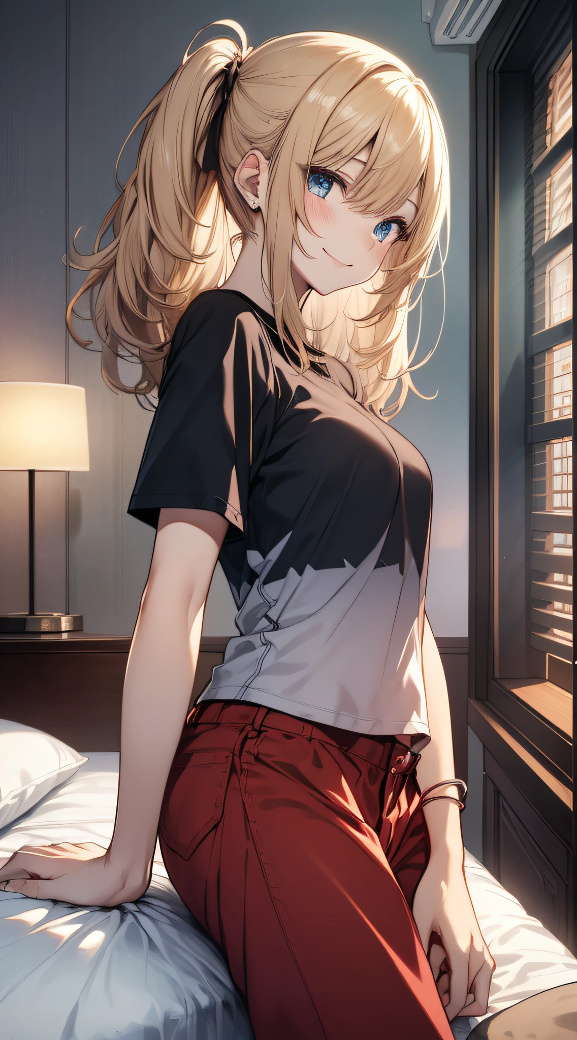 top-quality、Top image quality、masterpiece、girl with((18year old、Black short-sleeved T-shirt、Red pants、Best Bust、Bust 85、a blond、poneyTail、,odd eye、open chest wide、close to viewer、、Happiness、A slight smil、Sleep in bed))hiquality、visualart、Background with((Nice hotel room、a bed))、Depth((window、shooting stars))
