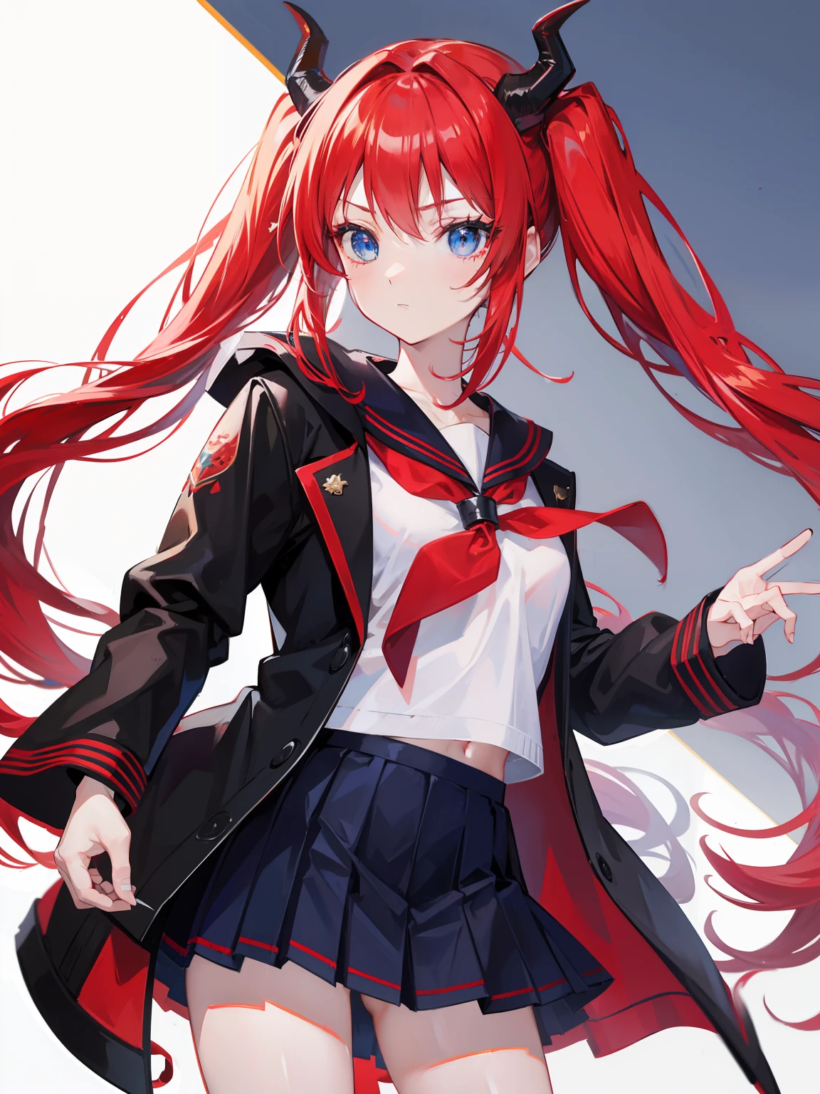 red hair, blue eyes, twintails, Sailor suit,black coat, Dragon horns,Pleated skirt,solo,bow