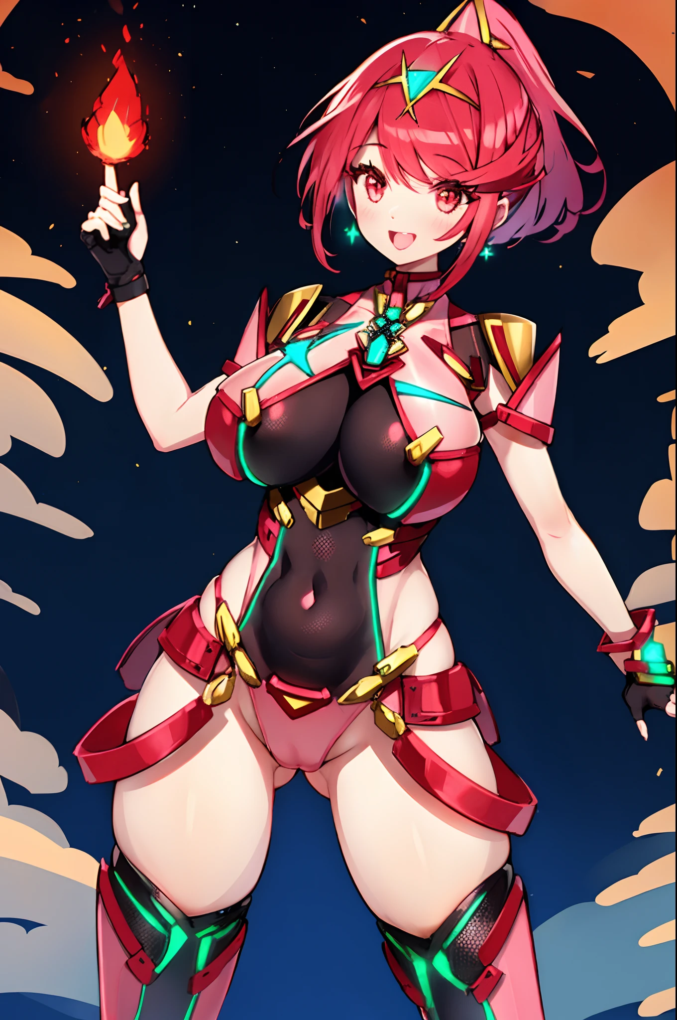 pyra \(xenoblade\), _1girl, lolings, black gloves, breasts, red eyes, light_open_mouth, earrings, eyelashes, fingerless gloves, floating hair, , gem, gloves, hair ornament, headpiece, jewelry, big_breasts, leaning back, swimsuit, neon trim, official art, pose, red hair, saitou masatsugu, short hair, sidelocks, skin tight, solo, swept bangs, thighhighs, tiara, fantasy_town_background, underbust, xenoblade chronicles \(series\), (xenoblade chronicles 2), (spread_legs:1.1), fire_effect,dynamic_pose,fighting,light_smile, (plump:1.1), big_ass,huge_sword, hold_large_sword_hilt, covered_nipples, covered_pussy,back_view, fists,ponytail,plump,beautiful_fingers,(solo:1.1), bare_shoulder,