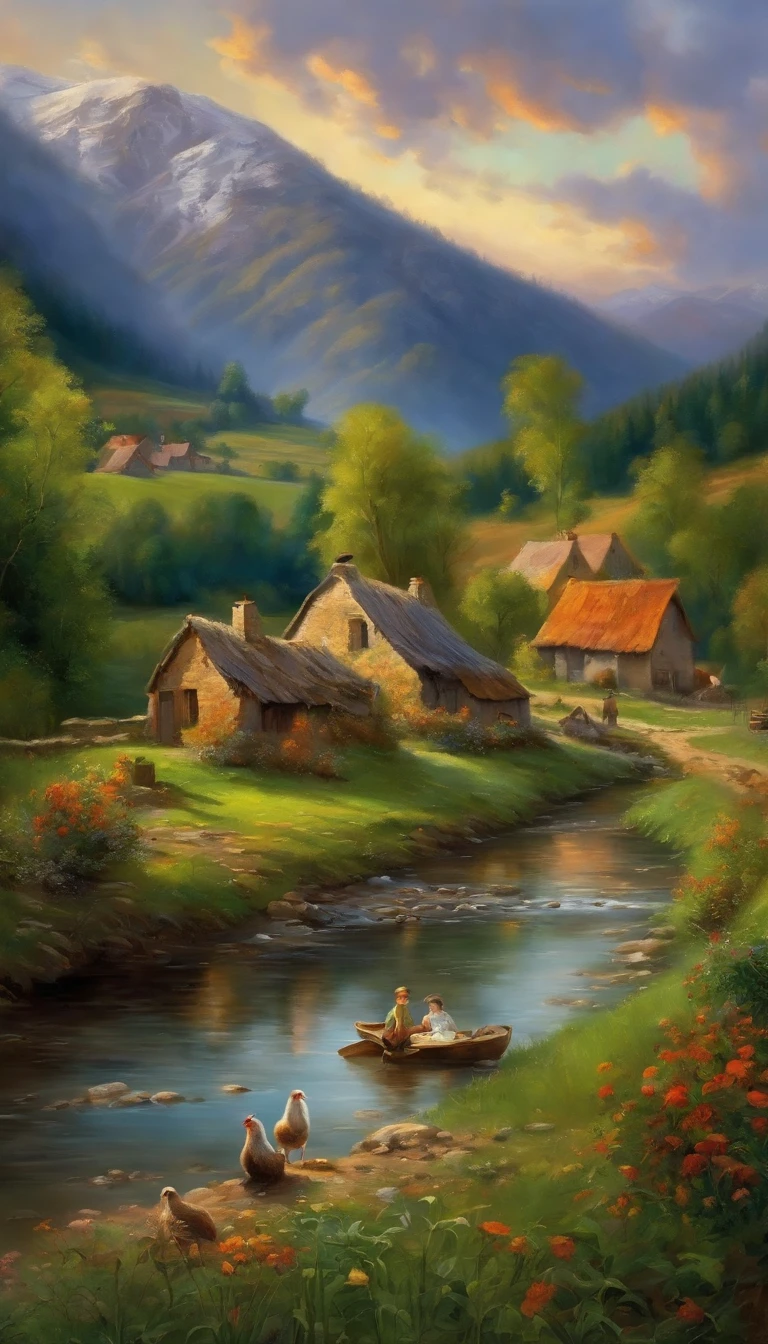 There is a creek at the bottom of the mountain, There are reflections in the stream, Village cottage beside the stream, And cooking smoke rises, children playing with chicken, Faraway view,Realistis, Expressionism