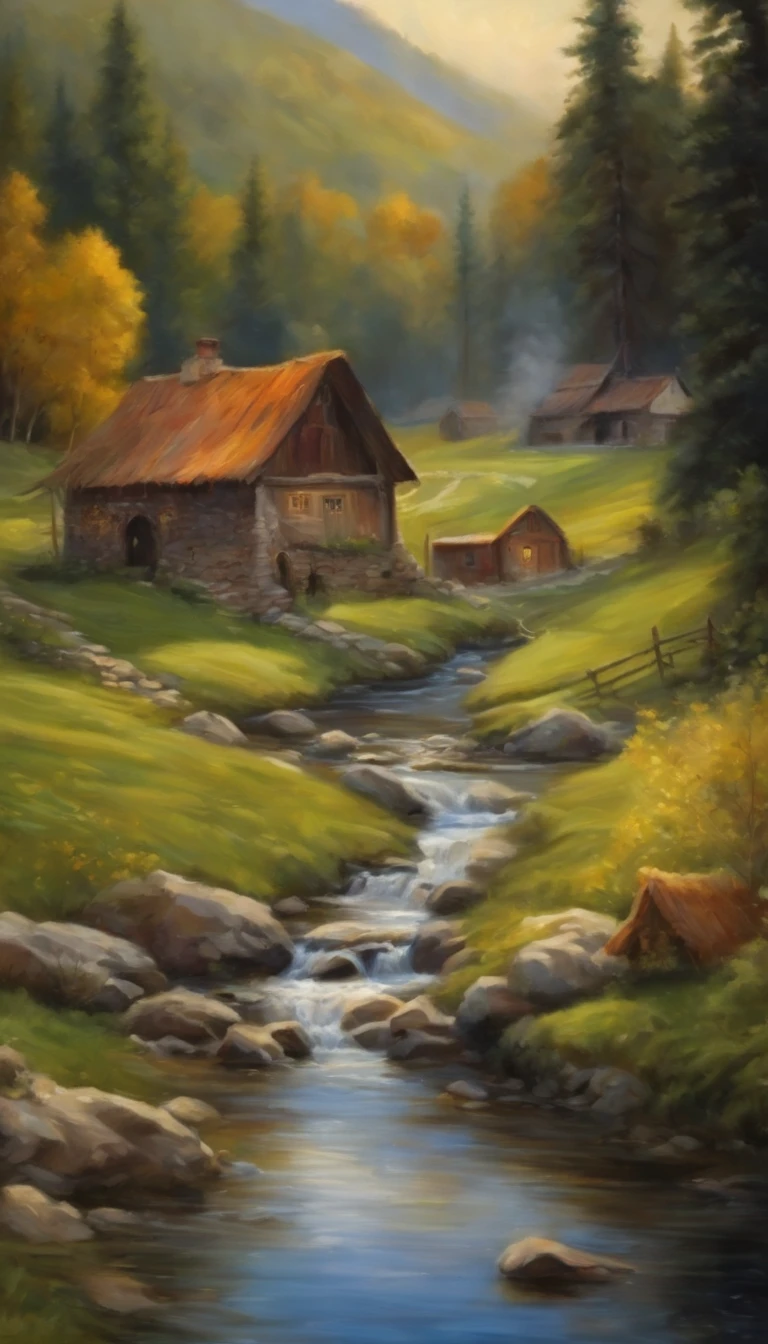 There is a creek at the bottom of the mountain, There are reflections in the stream, Village cottage beside the stream, And cooking smoke rises, children playing with chicken, Faraway view,Realistis, Expressionism
