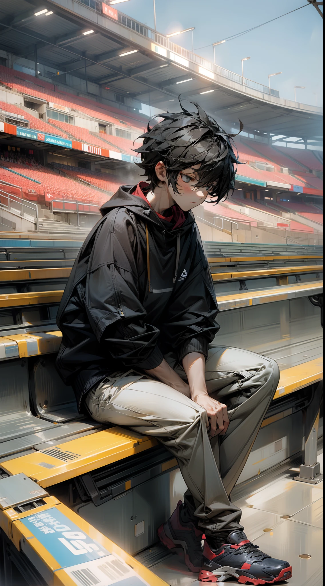 Boy sitting on a on bench in stadium