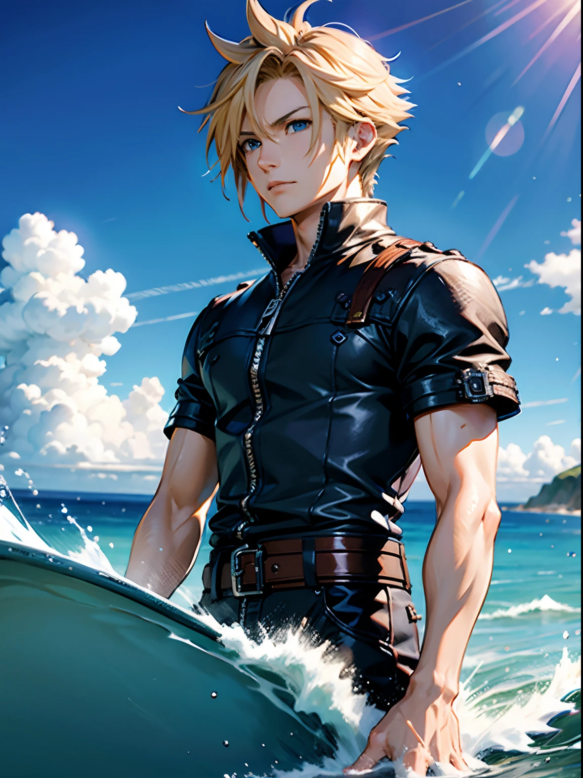 masterpiece、high quality、Final Fantasy、cloud、surfing in the sea,ocean,summer,
