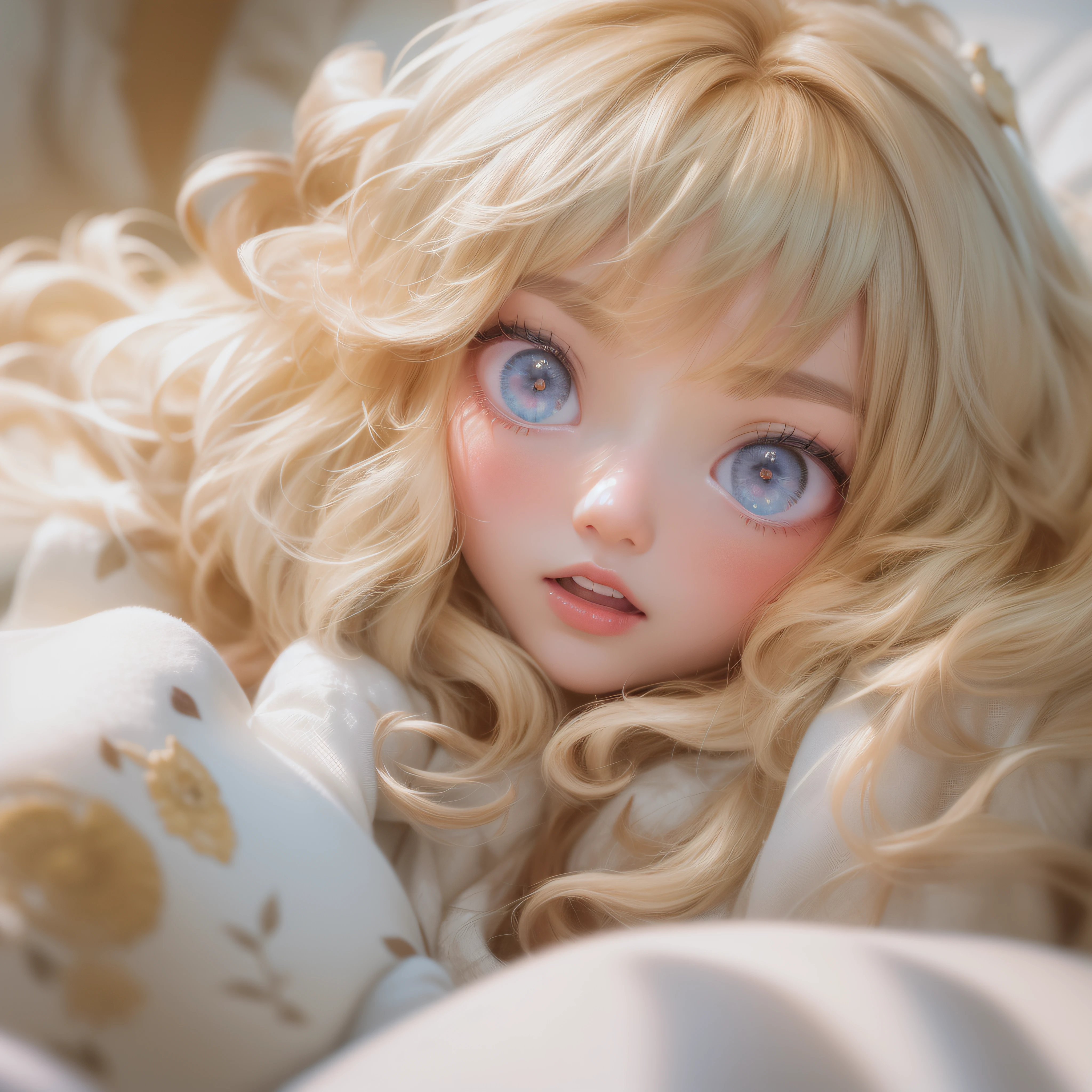 Awakening close-up、Awakening close-up、Awakening close-up、(realisitic、hight resolution)、(1 girl in)、Do-Up Eye、Korean Girl、(Best Quality), (masutepiece), (1girl in), Solo, a beauty girl, Perfect face, dreamlikeart、Highly detailed airbrush art((Surreal))、Volumetric lighting、(top-quality)、The ultra-detailliert、Highly detailed colorful details、(Bright lighting)、dynamic compositions、Ray traching、The mirror reflects light、Shallow depth of field、ultra-detailliert、mixing  exposure、nffsw、Her eyes are glowing pink、yawning。I'm on the bed。Wrinkles on white sheets、I'm wearing pajamas