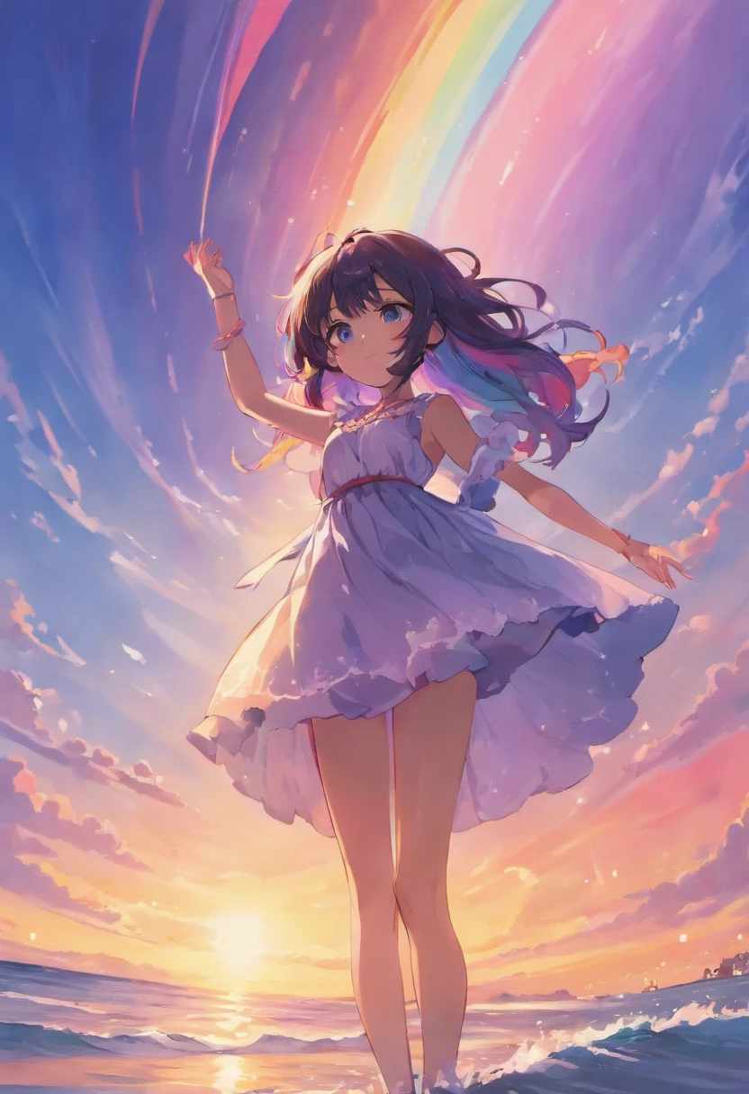 Beautiful sunset sea, calm waves, shining waves, ((big rainbow)), colorful, a girl standing on the beach, beautiful features, shining eyes, long black hair, swaying in the wind, dancing like dancing, ((masterpiece)), ((highest quality 16k)), ((detailed and delicate)), ((photorealistic)), ((fantastic background)),