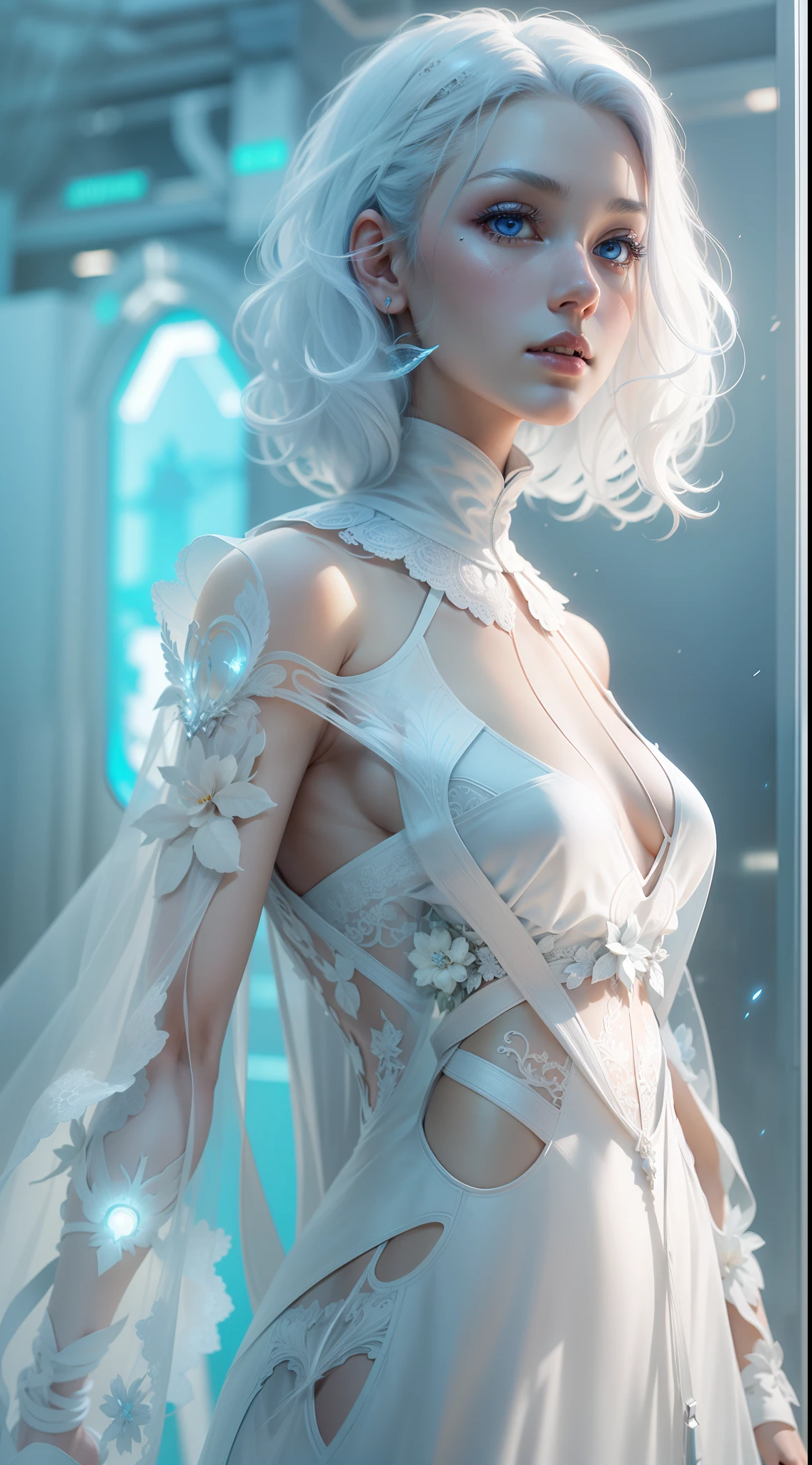 One in a white dress,Refined face,Full body photo,Faraway view,Close-up of blue-haired woman, Translucent dress, futuristic and ethereal, pale robe, smooth 3d cg render, white polygonal dress, inspired by Russell Dongjun Lu, unreal engine rendered + A goddess, intricate white dress, by Russell Dongjun Lu, Translucent body, futuristic fashion, clear curvy details