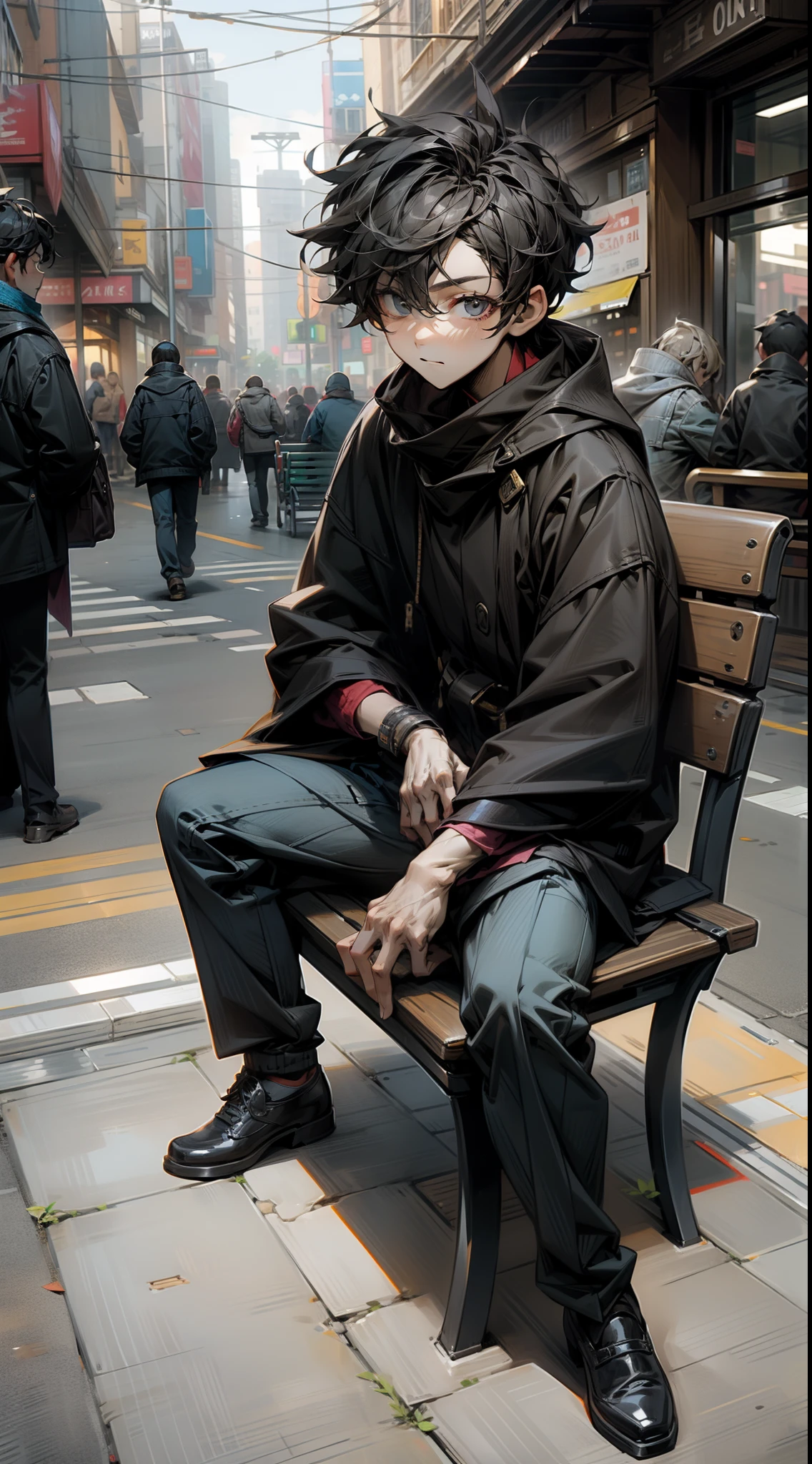 Boy sitting on a on bench in on busy street