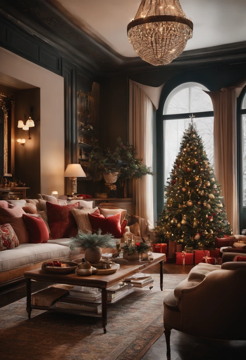 Generate a photo of the interior，There were soft sofas，There is a Christmas tree in the back view