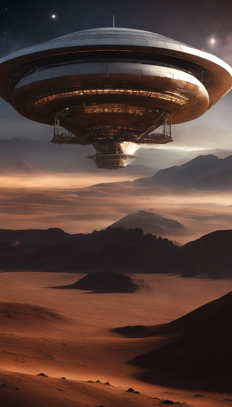 Alien base (Very detailed) In the mountainous desert,There are several exhaust fans and chimneys, Some spotlights come out of the base to illuminate dark places, (Extreme nights), Some clouds in the night sky, Some of the surrounding planets provide air to unknown planets,The farthest giant volcano is erupting