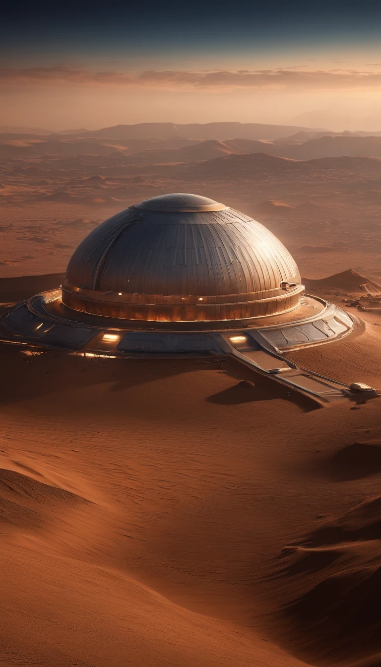 Alien base (Very detailed) In the mountainous desert,There are several exhaust fans and chimneys, Some spotlights come out of the base to illuminate dark places, (Extreme nights), Some clouds in the night sky, Some of the surrounding planets provide air to unknown planets,The farthest giant volcano is erupting