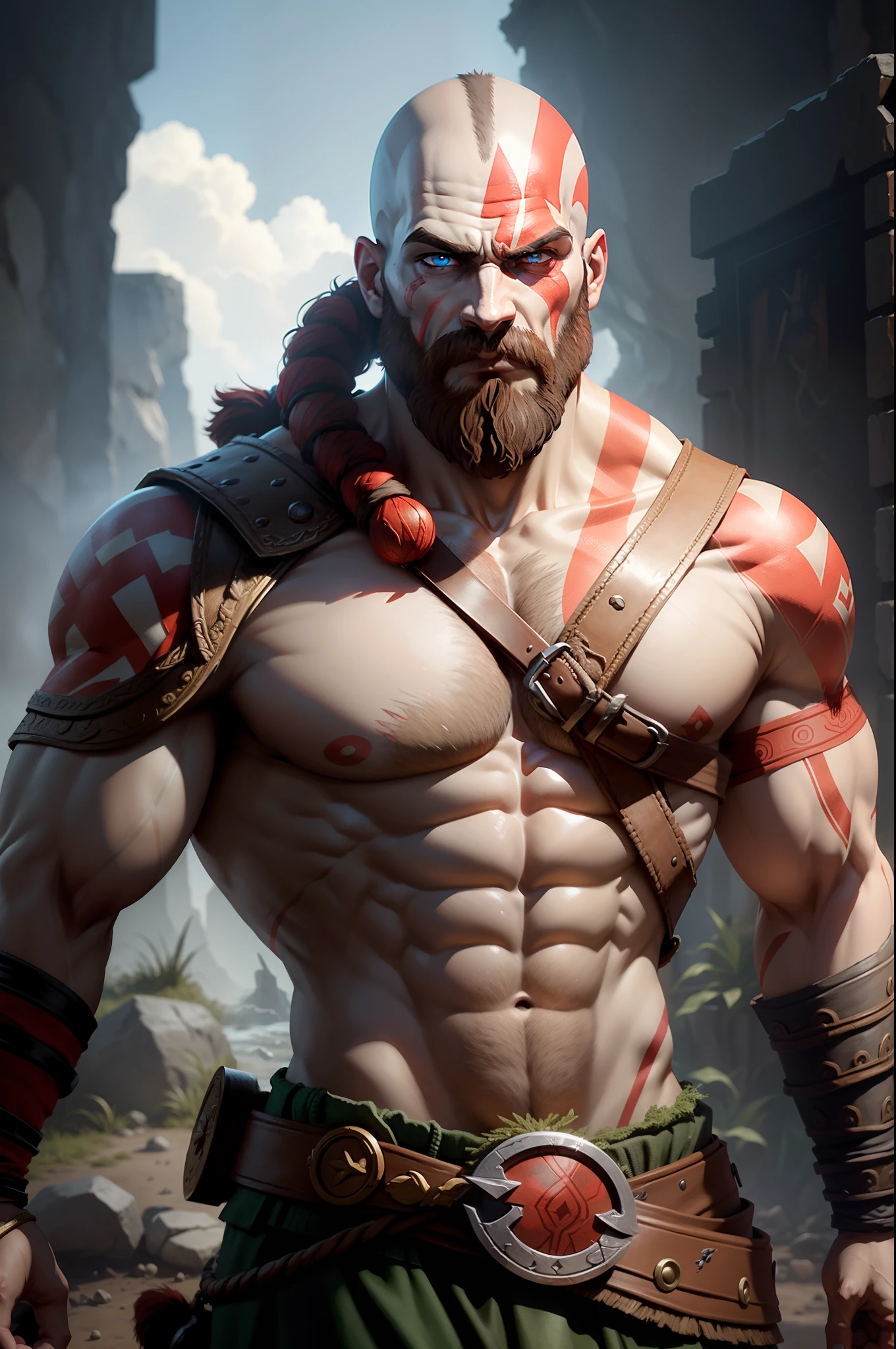 {Greek warrior}{gladiator}{ Closed clothes with only the chest shown}{アニメ}{scar on the right eye}{closed beard}{roupas de gladiator e capacete}{scar a large cut on his chest from shoulder to hip}