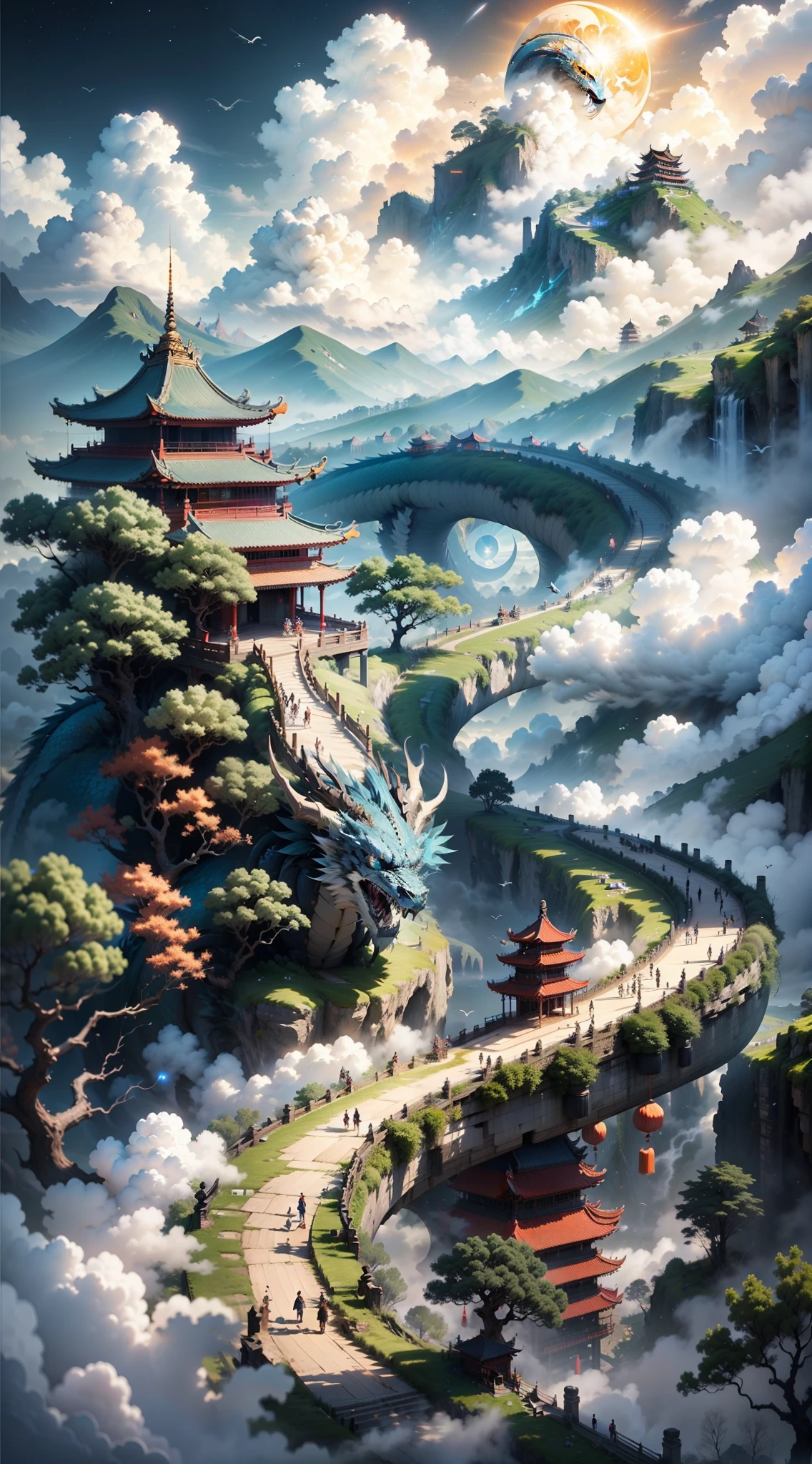 The sun and the moon shine together,Dragons fly in the clouds,The sea of clouds is turbulent,islands,Flying birds,(A building looming in the clouds),((surrounded by cloud)),(Chinese style buildings),high qulity,super-fine,Detailed pubic hair,Accurate,(tmasterpiece),Works of masters,(16K resolution),电影灯光,dynamic viewing angle,wide angles,