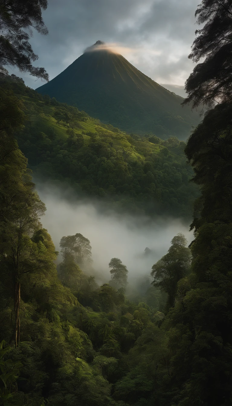Alafid view of a mountain of trees and a cloud, Made up of trees and a valley of fantasy, Stunning landscape images, National Geographic, Indonesia, Eric Pevernagy, The trend is 5 0 0 pixels, The trend is 500 pixels, Complex and epic composition, Volcanic landscape, Author: Patrick Cheng, Mark Adamus, lpoty, Glamorous and otherworldly, chiaroscuro, cinematic lighting, sparkle, ray tracing, chromatic aberration abuse, Fujicolor, f/1.2, f/16, 135mm, Hasselblad, Sony FE GM, UHD, retina, masterpiece, ccurate, anatomically correct, high quality, high details, super detail, award winning, best quality, highres, 8k