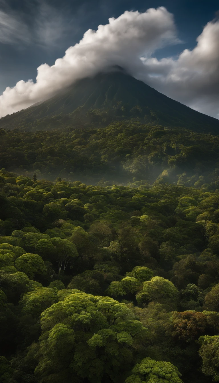 Alafid view of a mountain of trees and a cloud, Made up of trees and a valley of fantasy, Stunning landscape images, National Geographic, Indonesia, Eric Pevernagy, The trend is 5 0 0 pixels, The trend is 500 pixels, Complex and epic composition, Volcanic landscape, Author: Patrick Cheng, Mark Adamus, lpoty, Glamorous and otherworldly, chiaroscuro, cinematic lighting, sparkle, ray tracing, chromatic aberration abuse, Fujicolor, f/1.2, f/16, 135mm, Hasselblad, Sony FE GM, UHD, retina, masterpiece, ccurate, anatomically correct, high quality, high details, super detail, award winning, best quality, highres, 8k