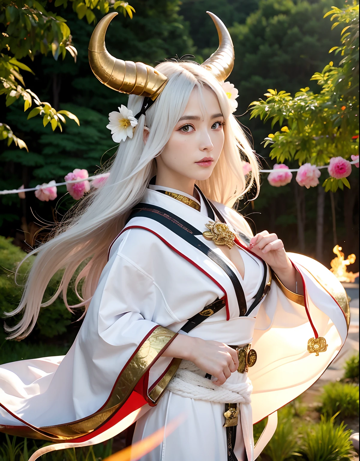 Professional , masterpiece、top-quality、photos realistic , depth of fields 、(White bikini armor)、(Mystical expression)、((Fight dragons)),(Wear a beautiful kimono),(Wear a beautiful kimono with colorful floral patterns)、Jewel Gold Weapon、Particles of light),Gorgeous gold weapons ,(( Gorgeous Dragon Sword)) , (Hold the Devil's Hand),,(maikurobikini) 、((White hair))、(Castle background)、(demonic wings)、((Gangle's forest background))、Beautiful Caucasian beauty、1a person、dynamic ungle,(((Two devil's horns on the head)))、Smaller head、Idle Smile、Thin and beautiful female hands、Mystical expression、Light Effects、intense fighting、Wind-effect、magic circles、With the legendary magic wand、Dragon's tail、