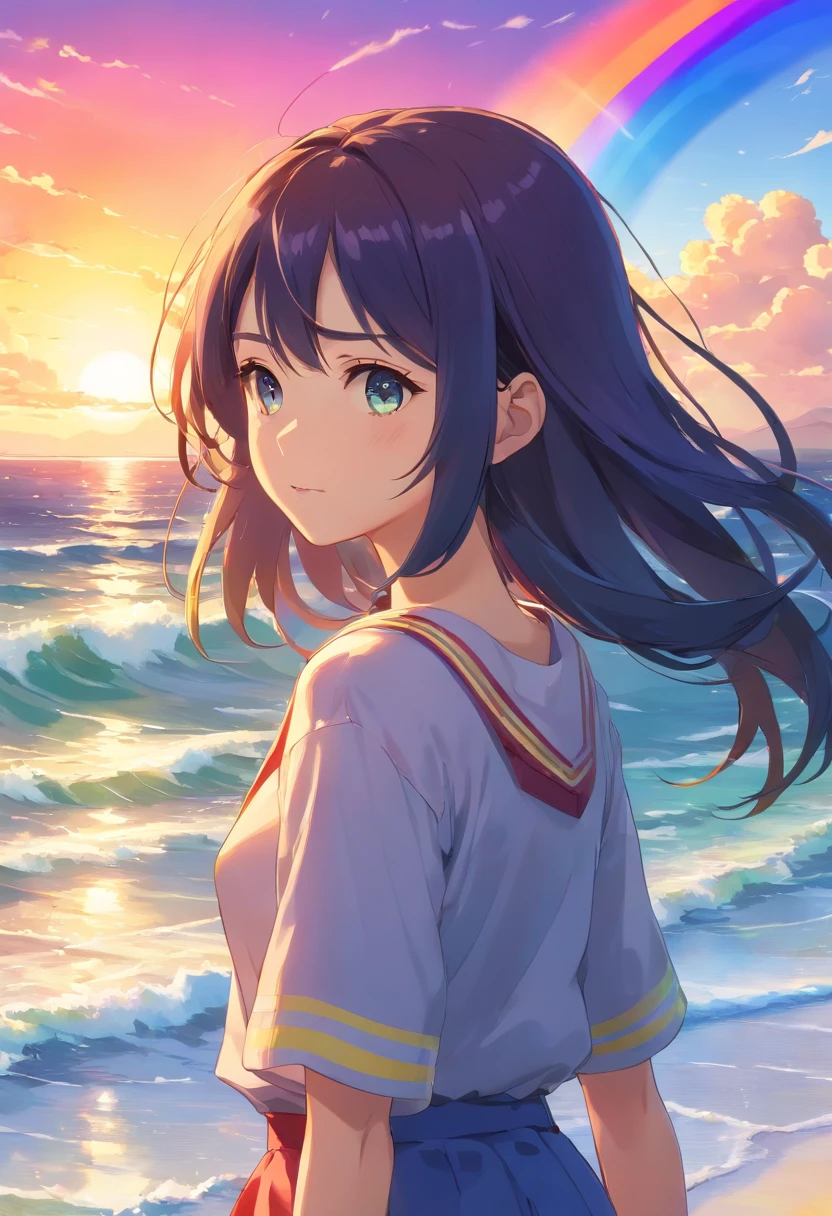 Beautiful sunset sea, calm waves, shining waves, ((big rainbow)), colorful, a girl standing on the beach, beautiful features, shining eyes, long black hair, swaying in the wind, dancing like dancing, ((masterpiece)), ((highest quality 16k)), ((detailed and delicate)), ((photorealistic)), ((fantastic background)),