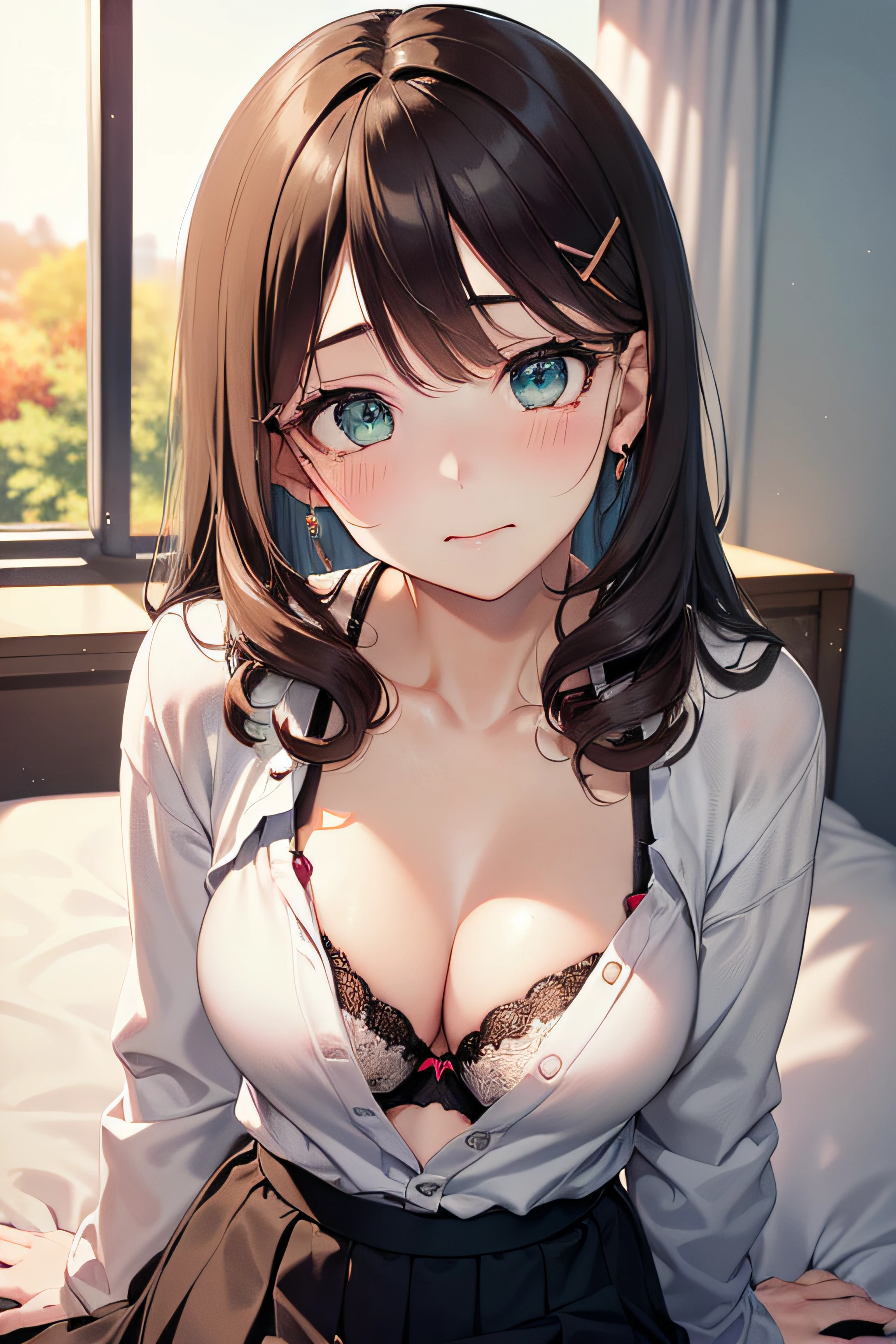 ((masterpiece, best quality, highres, UHD, perfect pixel, depth of field, 4k, RTX, HDR))), 1girl, single, solo, beautiful anime girl, beautiful artstyle, anime character, 24 years old, ((long hair, bangs, dark brown hair, curly hair:1.4, hair pin)), ((detailed face, blushing:1.2)), ((detailed eyes, anime eyes style, beautiful eyes, green eyes:1.8, sparkling effect)), ((smooth texture:0.75, realistic texture:0.5, anime CG style)), ((medium breasts, cleavage)), indoor, bedroom, dynamic angle, busty, perfect body, ((fall asleep on the bed, supine, open, wake up)), ((close up, POV, cute, shot on face, sighing expression)), ((casual clothes, white sweater, skirt, bra inside clothes)), natural light