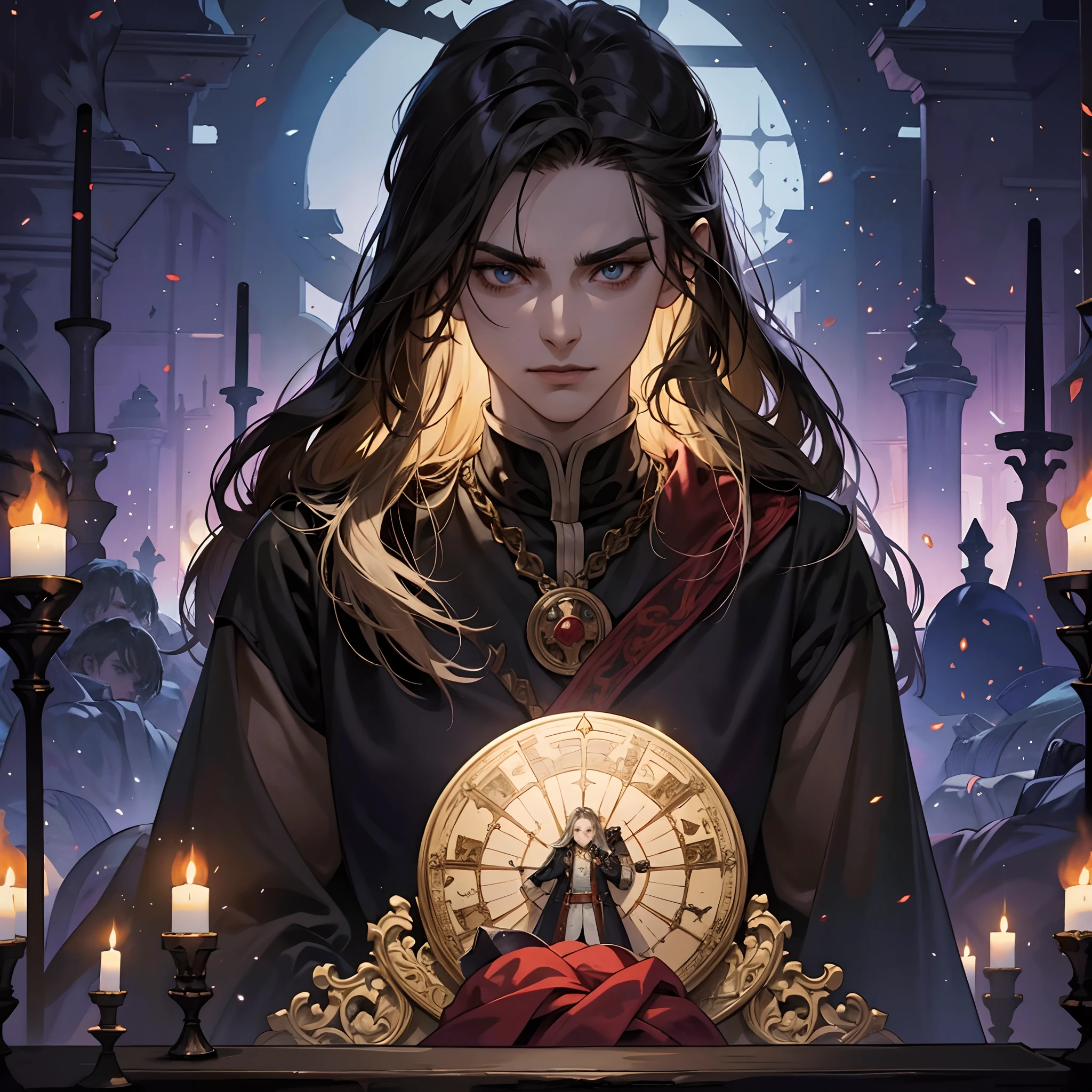 Castlevania Lord of Shadows Lord Dracula in the throne room with his great legendary soldiers looking into hyper realistic Conquest Map super detailed Dynamic shot centerpiece cinematic scene of the movie