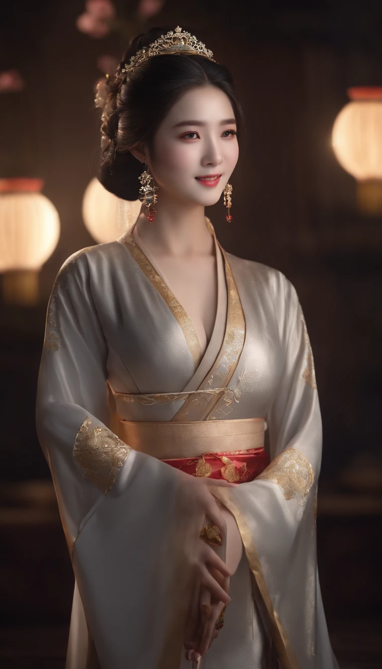 best quality, masterpiece, highres, 1girl,blush,(seductive smile:0.8),star-shaped pupils,china hanfu,hair ornament,necklace, jewelry,Beautiful face,upon_body, tyndall effect,photorealistic, dark studio, rim lighting, two tone lighting,(high detailed skin:1.2), 8k uhd, dslr, soft lighting, high quality, volumetric lighting, candid, Photograph, high resolution, 4k, 8k, Bokeh