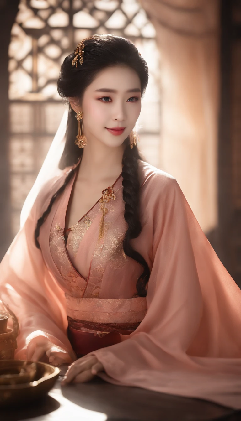best quality, masterpiece, highres, 1girl,blush,(seductive smile:0.8),star-shaped pupils,china hanfu,hair ornament,necklace, jewelry,Beautiful face,upon_body, tyndall effect,photorealistic, dark studio, rim lighting, two tone lighting,(high detailed skin:1.2), 8k uhd, dslr, soft lighting, high quality, volumetric lighting, candid, Photograph, high resolution, 4k, 8k, Bokeh
