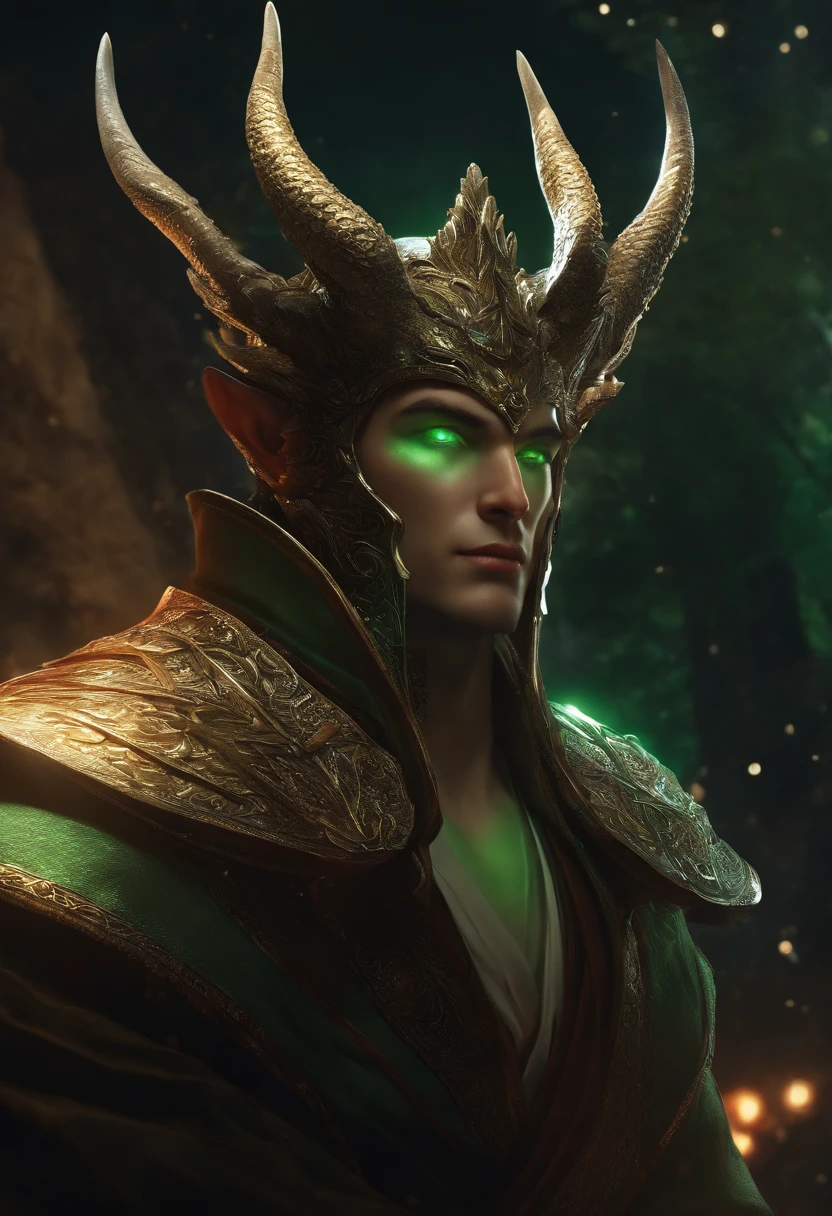 fine, (Best Illustration), in 8k resolution, intriciate detail, Best Quality, realisitic, The ultra-detailliert, Best lighting, best shadows, ultra-HD, ((((handsome young man))), ((teenage :1.5)), (glowing red eyes), (luminous eyes), ((((Long black hair: 1.1))), ((dark green clothing)), (Prince (Indifferent expressions), , (((Dressed in a luxurious green robe with high details,))),, Starry night sky, Falling meteors, elf ears, ((Fair skin)), It has dragon horns on its forehead, It is surrounded by giant dragons