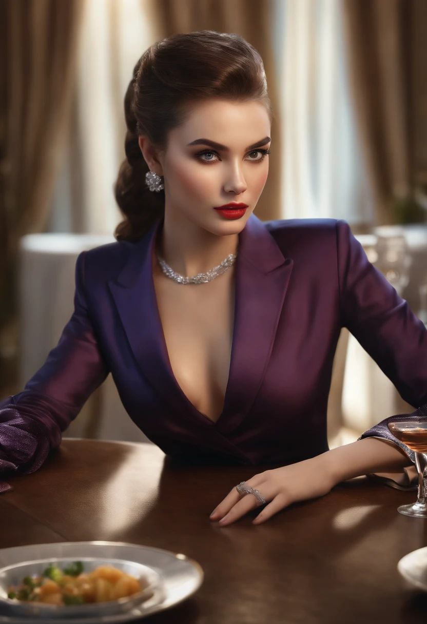 A girl in a short ponytail is lying on a dining table in a suit, clear eyes, Perfect Body, (look down at the viewer:0.8), (pureerosface_v1:0.2), detached sleeves, Open mouth, bangss, 1Girl, sparkly skin, (Masterpiece;1.0), (Photorealistic:1.4), (Sharp focus:1.2),