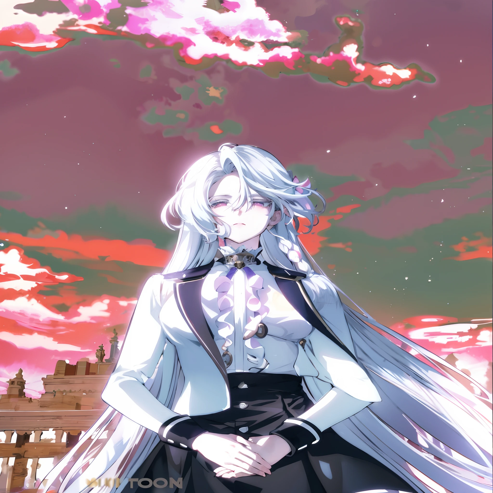 anime girl with long white hair and black skirt standing in front of a pink sky, beautiful androgynous prince, anime key visual of elegant, delicate androgynous prince, white haired deity, with long white hair, with white long hair, a silver haired mad, ethereal anime, key anime art, handsome prince, key anime visuals, daytime ethereal anime