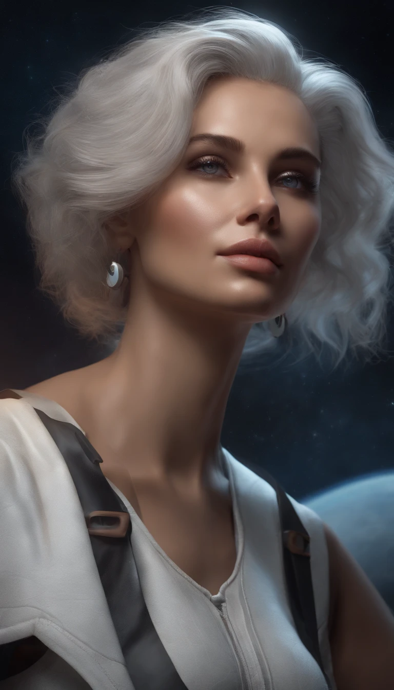 (on the moon, space, looking back into earth), white hair, black tank top, volumetric lighting, white jacket, glowing headphone, cyberpunk, futuristic, multi-color eyes, detailed eyes, hyper detailed,light smile, highly detailed, beautiful, small details, ultra detailed, best quality, intricate, hyperrealism, sharp, digital illustration, detailed, realism, intricate, 4k, 8k, trending on artstation, good anatomy, beautiful lighting, award-winning, photorealistic, realistic shadows, realistic lighting, beautiful lighting, raytracing, intricate details, moody, rule of thirds, masterpiece, (illustration:1.1), highres, (extremely detailed CG, unity, 8k wallpaper:1.1), beautiful face, highly detailed face, ultra realistic, masterpiece, bokeh, extremely detailed, intricate, zoomout, colorful, vibrant colors, red nail polish, side view,