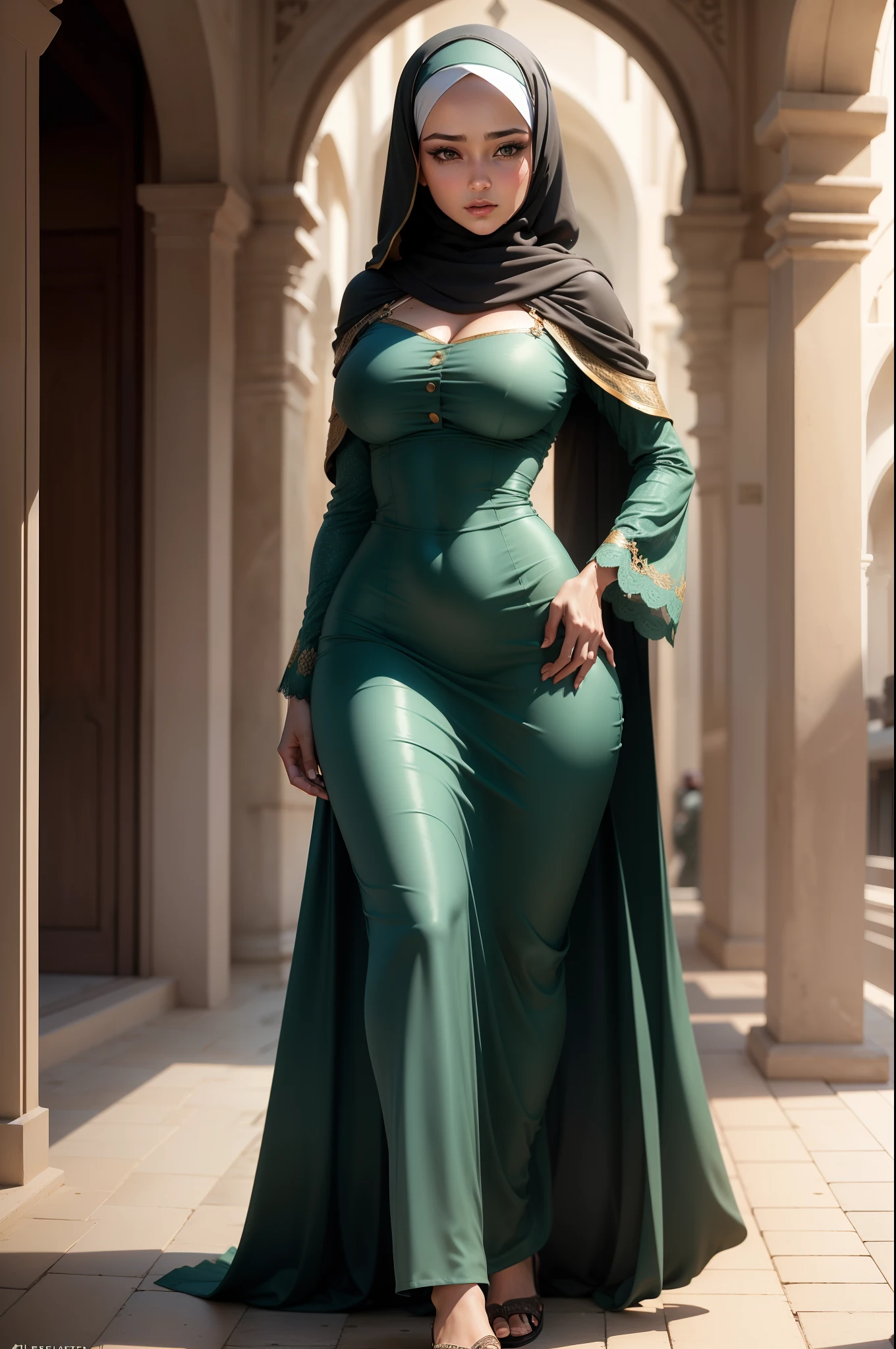 ((Best quality, 8k, Masterpiece :1. 3)), Sharp focus :1. 2, A pretty woman perfect figure :1. 4, (Wet thin button up long dress :1. 1), (light, mosque:1. 2), Highly detailed face, Detailed eyes, Double eyelid. headscarves, wear long headscarves covering full head long green dress, biger dress. islamic clothes covering full body . Reallshot, reality, realistic, fantastic, full detail cover, super sexy, large breast, tiny waist, large ass, revelando senos y nalgas,