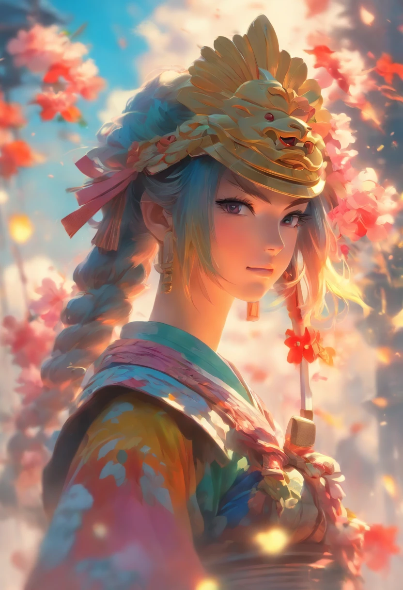 Woman with sword and flower helmet, Holding a sword, artwork in the style of guweiz, Sword tied at the waist, katanas, Female Samurai、Cloudy sky、Pray in front of a sword stuck in the ground、Praying、breezing、Detailed drawing. Vivid colors. High image quality. --S 1000 --AR 4:5 - Rainbow 5