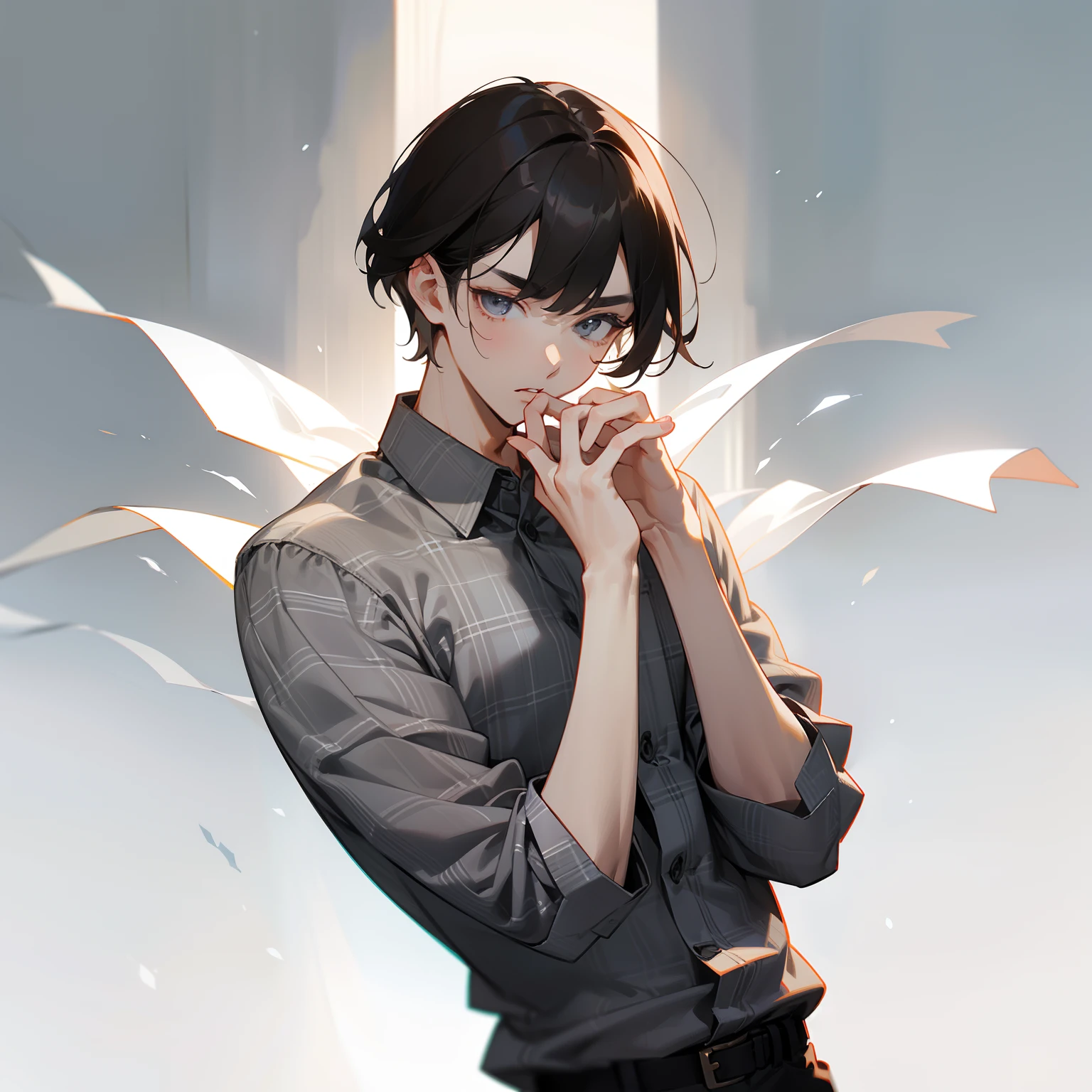 One guy、grey eyes、A dark-haired、short bangs、Upbank、Male Focus、Lowered eyebrows、large lips、White and light grey plaid shirt、Plaid、beautifull hands、Clean hands、Thin、年轻、simple background、Straight hands、right angles、A slender