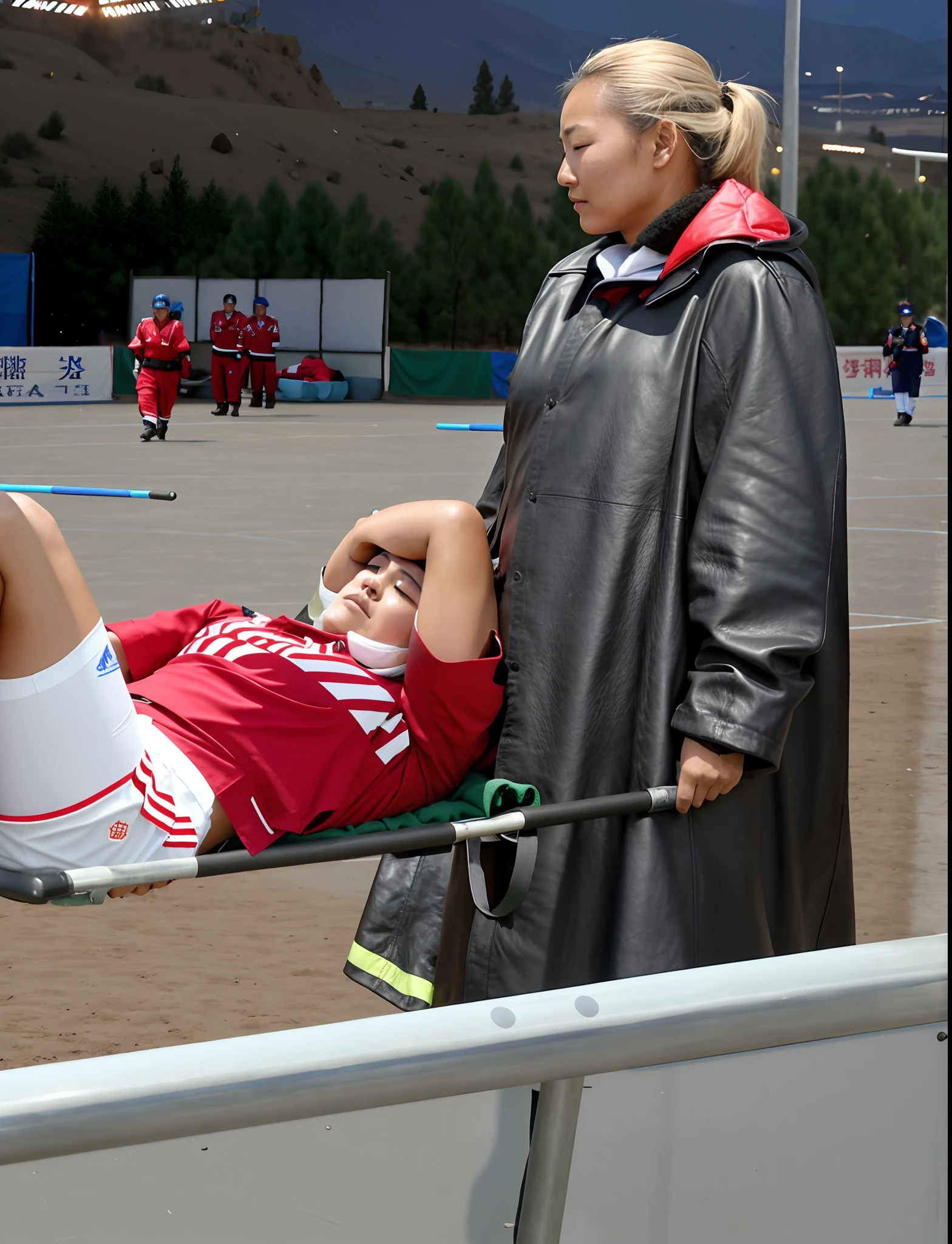 the policewoman holds the stretcher in her hands, the policewoman grabs the handles of the stretcher with her hands, the man on the stretcher is visibly in pain, stadium atmosphere, the man is lying flat on his back on the stretcher and has his arm draped over his face, A scene at a soccer stadium in Mongolia, a man lying flat on his back on the stretcher with his arm over his face, lying flat on his back on the stretcher his arm is covering his face, he has his arm over his face while being carried on the stretcher, There is an attractive and heavily made-up Mongolian female police officer in a long black leather coat, A Mongolian female police officer in a shiny black leather coat on a soccer field, A Mongolian female police officer is holding a stretcher, A man is lying on the soccer stadium his back with his torso on the right in matt and roughened white and red sportswear on a stretcher, a man lies on a stretcher and has his left arm bent over his face, we only see the torso and thighs of the male athlete who is being carried with the stretcher to the left off the picture, the man lies on his back on the stretcher and covers his face with his bent left arm, the mongolian policewoman is exceptionally heavily made up and has an extremely desperate and very angry expression on her face, high-resolution photo, realistic sports photo, soccer scene, mongolia, mongolian policewoman, uniformed woman in black shiny long leather coat, injury scene, real photo, ultra realistic, high definition, sports photography