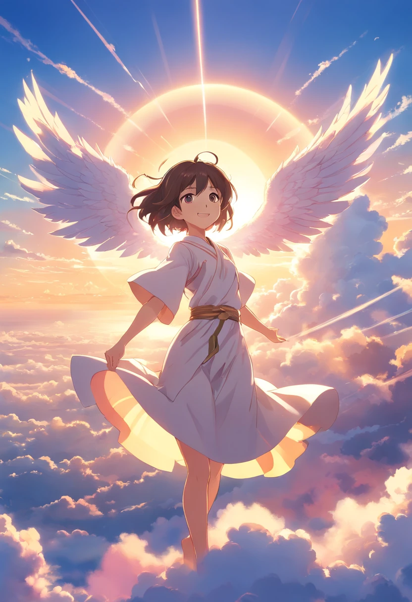 Above the clouds, Makoto Shinkai-style, full, three-dimensional clouds, beautiful sun rays, anthropomorphic angel girl in white noble robes, girl landing on top of the clouds, smiling at the outside of the picture, intricate details, Intricate work by Gribors, Behind the sky, Pink, Beautiful wings, Detailed eyes and lips