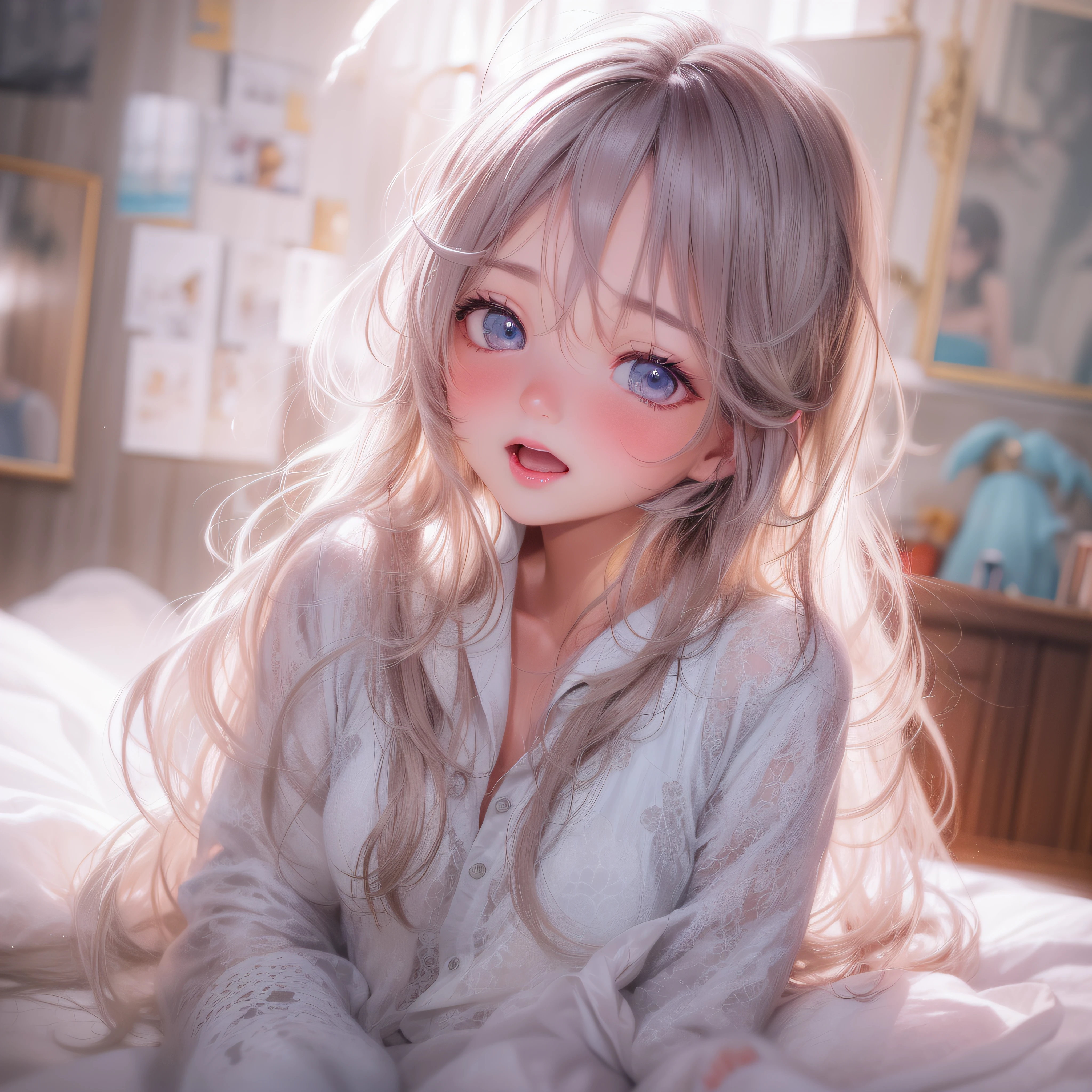 Close-up of awakening、eyes ajar、yawning、(realisitic、hight resolution)、(1 girl in)、Do-Up Eye、Korean Girl、(Best Quality), (masutepiece), (1girl in), Solo, a beauty girl, Perfect face, dreamlikeart、Highly detailed airbrush art((Surreal))、Volumetric lighting、(top-quality)、The ultra-detailliert、Highly detailed colorful details、(Bright lighting)、dynamic compositions、Ray traching、The mirror reflects light、Shallow depth of field、ultra-detailliert、mixing  exposure、nffsw、Her eyes are glowing pink、yawning。I'm on the bed。Wrinkles on white sheets、I'm wearing pajamas