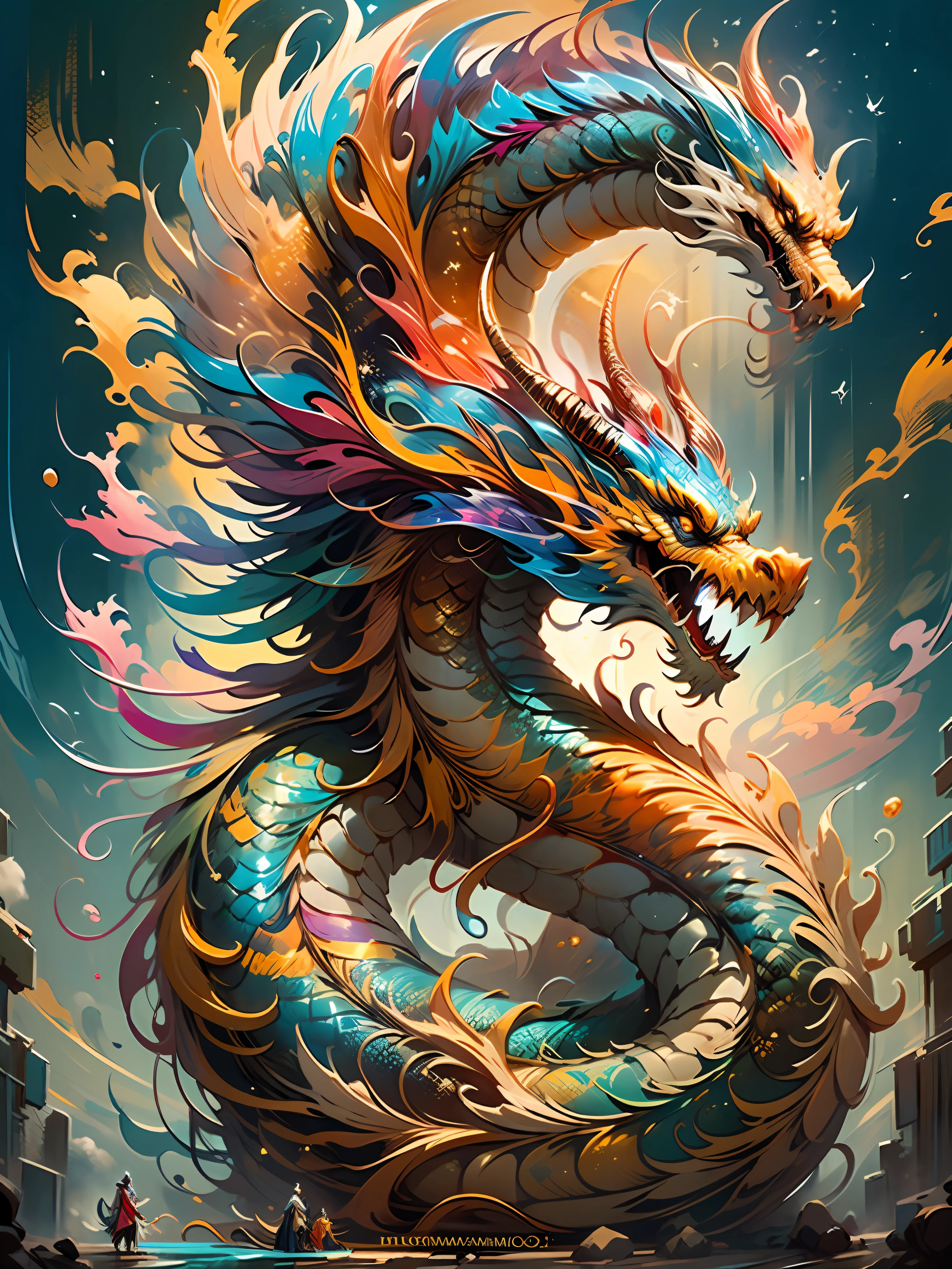 Best quality, masterpiece, super high resolution, Chinese dragon, (length: 1.2), (fine: 1.2), long hair, sharp teeth, red eyes, teeth, huge, bird, outdoor, standing, scales, clouds, horns, from behind, armor, sky, open mouth, confrontation, charge, monster, size difference, white hair, building, valley, (realistic texture: 1.2), (glowing multicolored scales: 1.2), (realistic details: 1.2), hdr, ultra-detailed 3D modeling like Tim Burton, Dale Chihuli, Xiaolongcheng, Cyril Rolando and other authors such as Jr. Giger's style paintings are just as magical. Shadows and lighting intertwine to create brilliant effects.