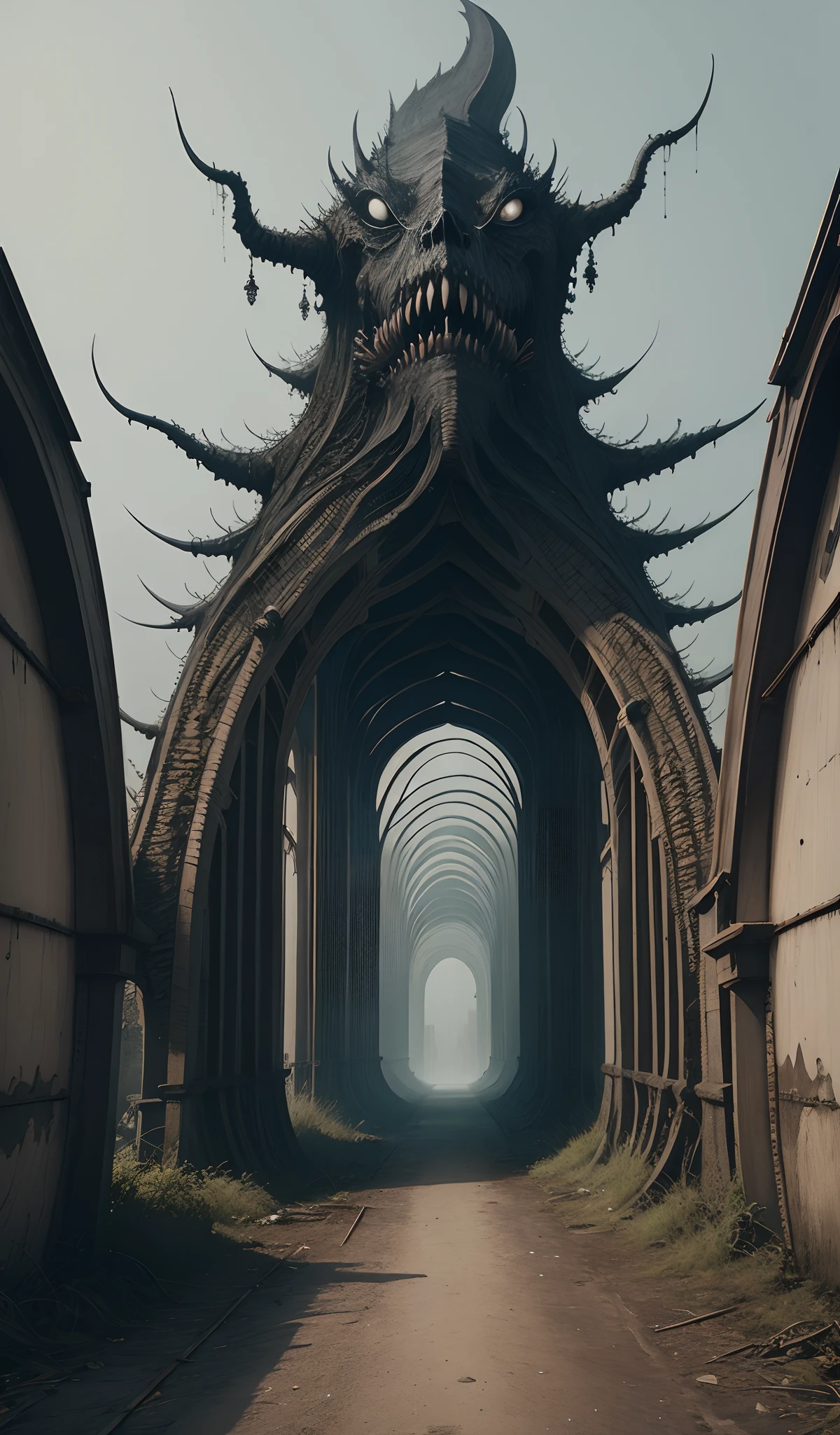 Oneiric bridge, terror, ambiente escuro, esculturas macabras, arte Lovecraftiana, imagem em preto e branco, macabro