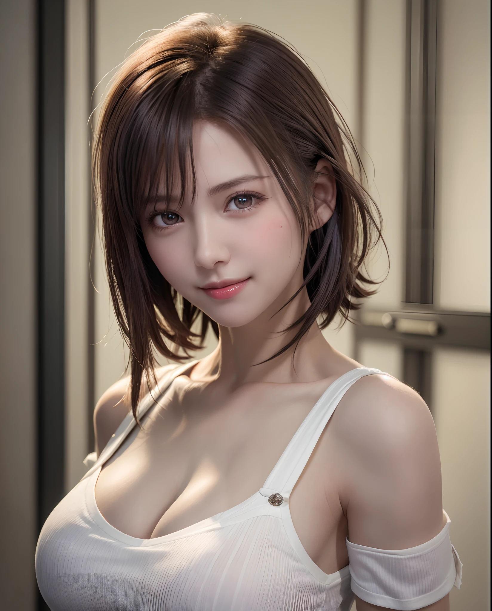 Top quality, ultra high resolution, (photorealistic: 1.4), beautiful eyes, super beautiful, short hair, beautiful breasts, lover, t-shirt with rough chest, eyes inviting viewer, lover's eyes, inviting facial expressions, sexy smile, perfect style, perfect balance, detailed skin, naughty eyes, chest visible