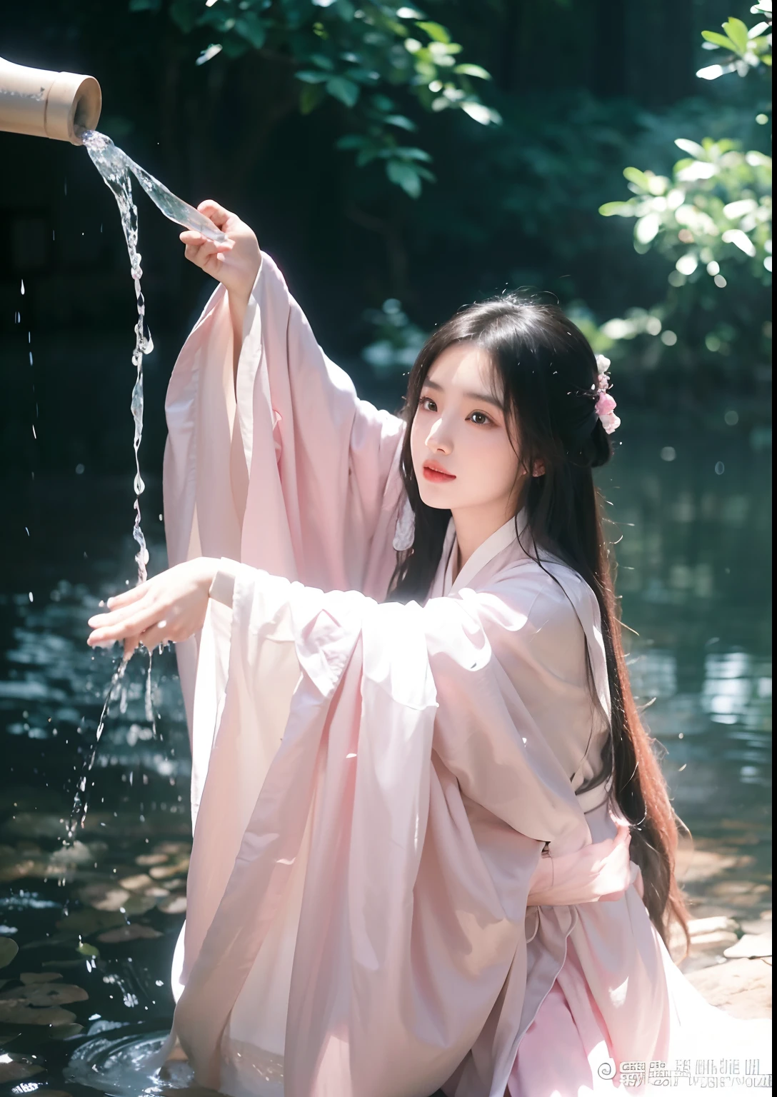 Alafeld Asian woman in pink dress pouring water from a well, Hanfu, Palace ， A girl in Hanfu, White Hanfu, flowing magical robe, Wearing ancient Chinese clothes, with acient chinese clothes, flowing hair and long robes, Flowing robes, wearing a long flowing robe, Traditional Chinese clothing, inspired by Du Qiong, Wearing a luxurious silk cloak